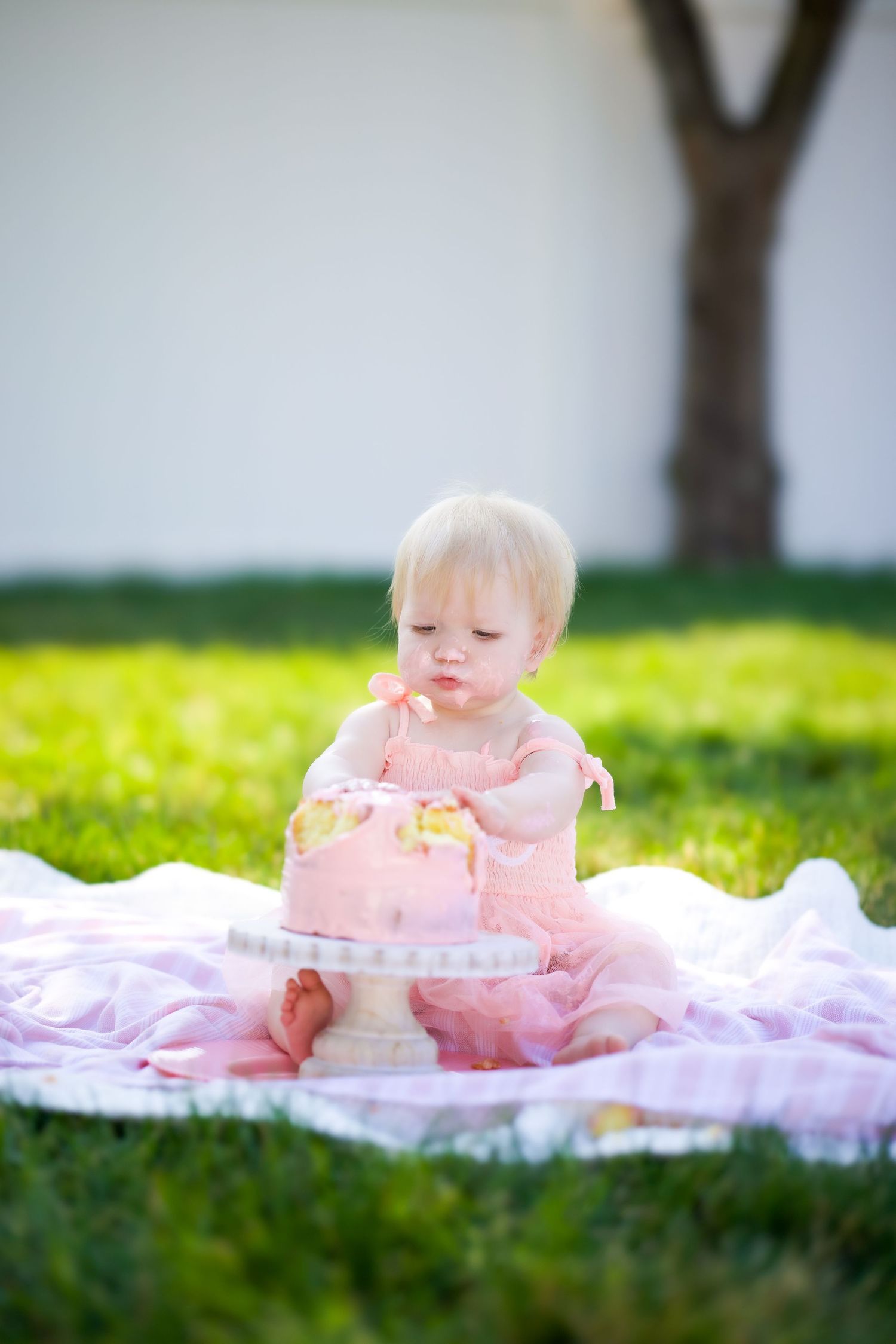 Baby in pink dress sits on blanket outdoors with birthday cake during golden hour photography session.