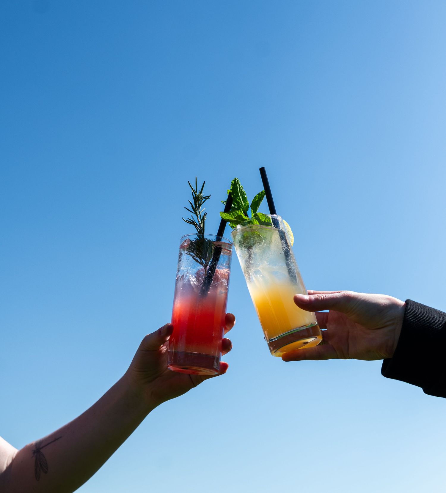 Cheersing Summer Cocktails Outdoors.
Two people toasting colorful summer cocktails outdoors under a clear blue sky.