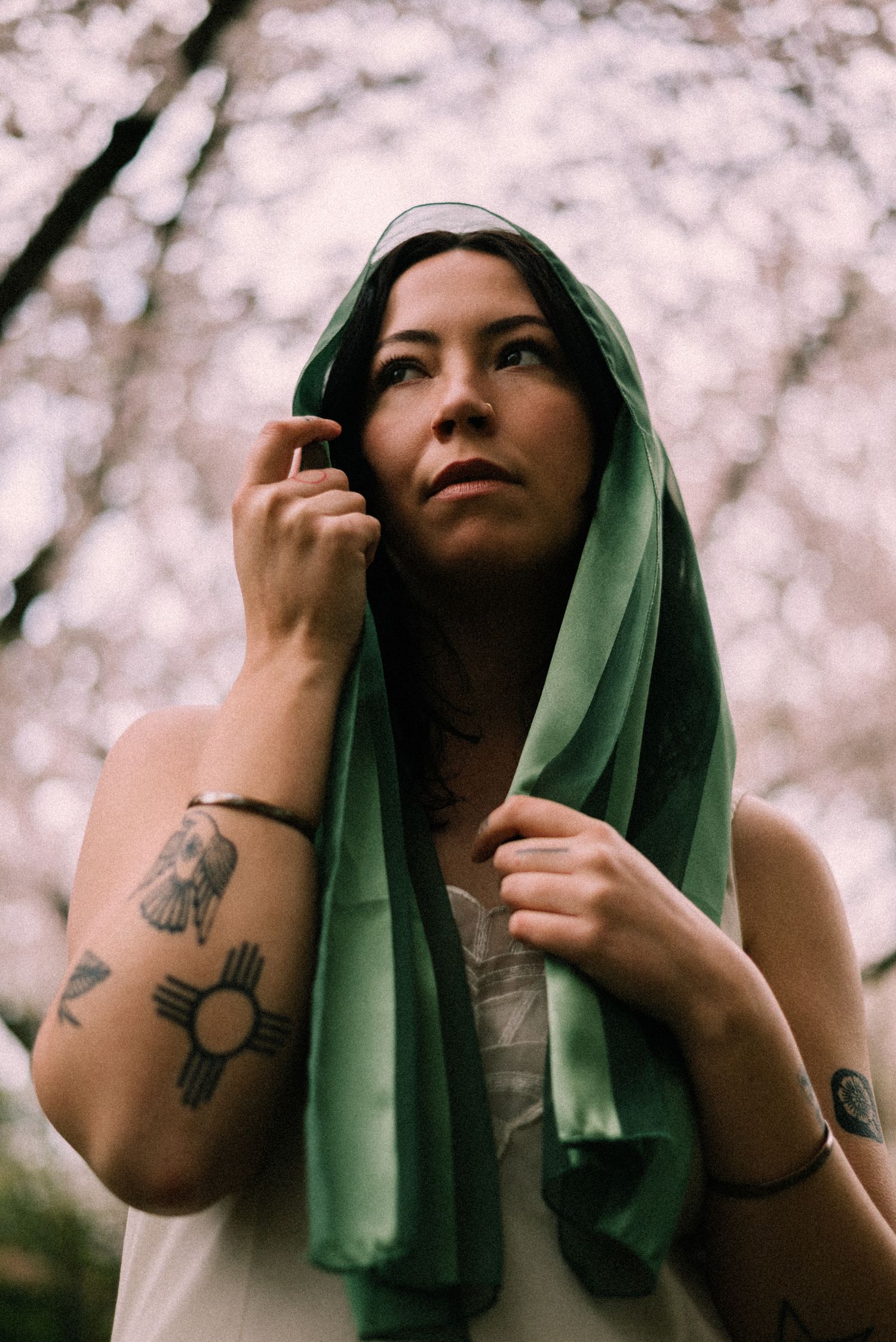 a portrait of a woman with cherry blossoms overhead