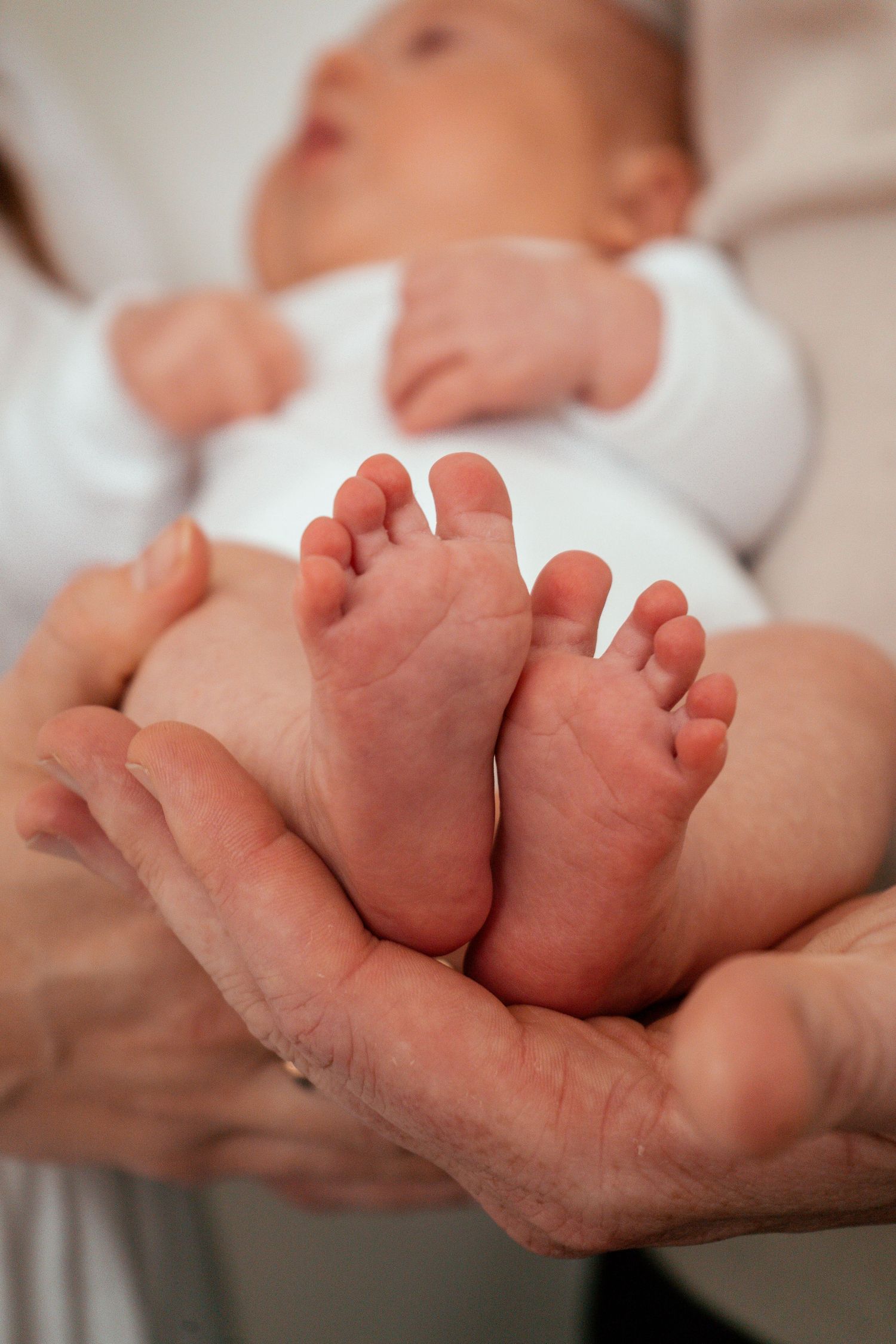 Tiny newborn baby feet resting in adult hands against white blanket background.