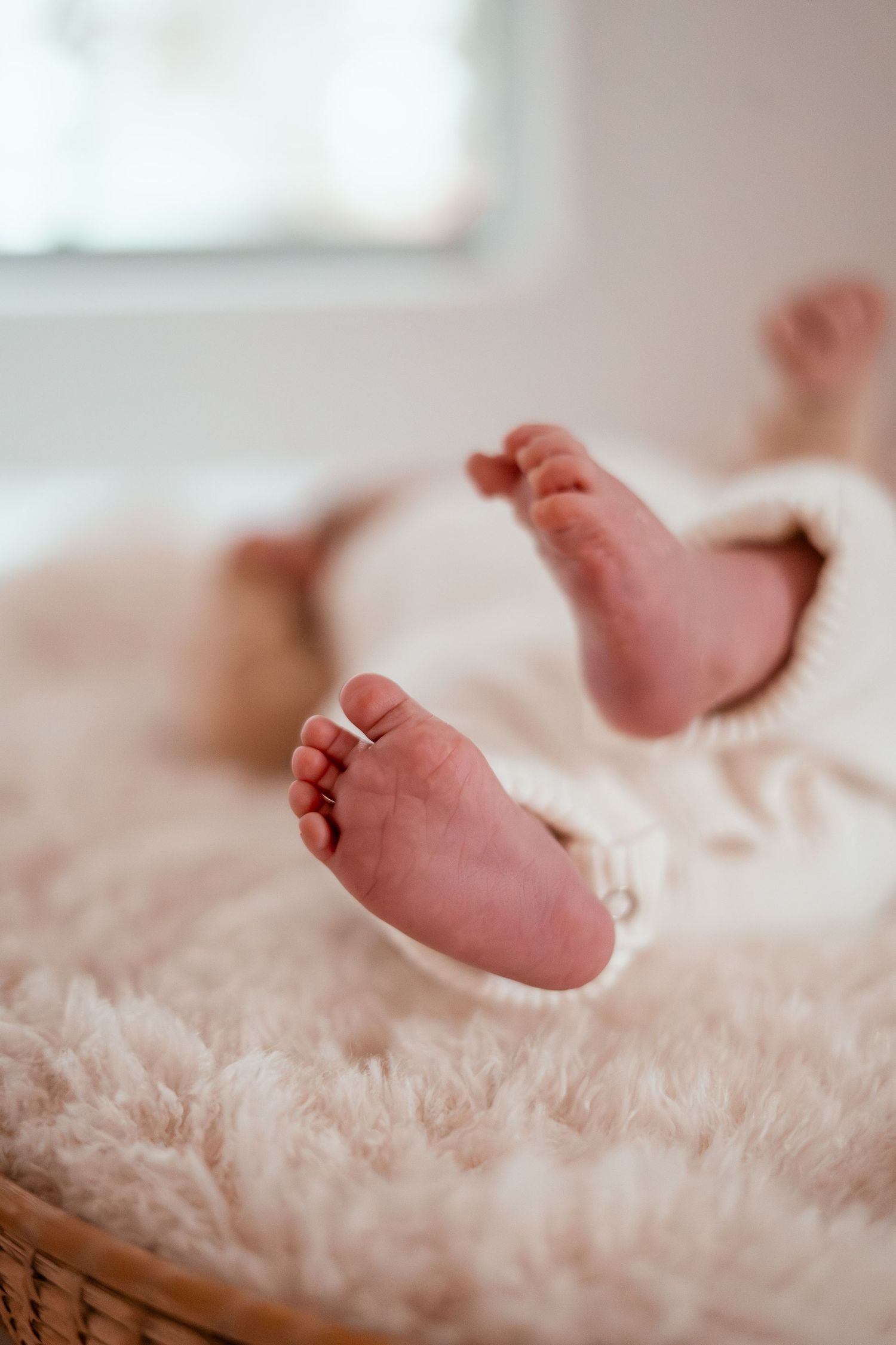 Close-up of tiny newborn baby feet resting on soft fluffy white blanket in natural light.