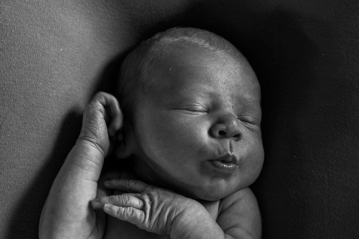 Black and white portrait of peaceful sleeping newborn supported by gentle hand.