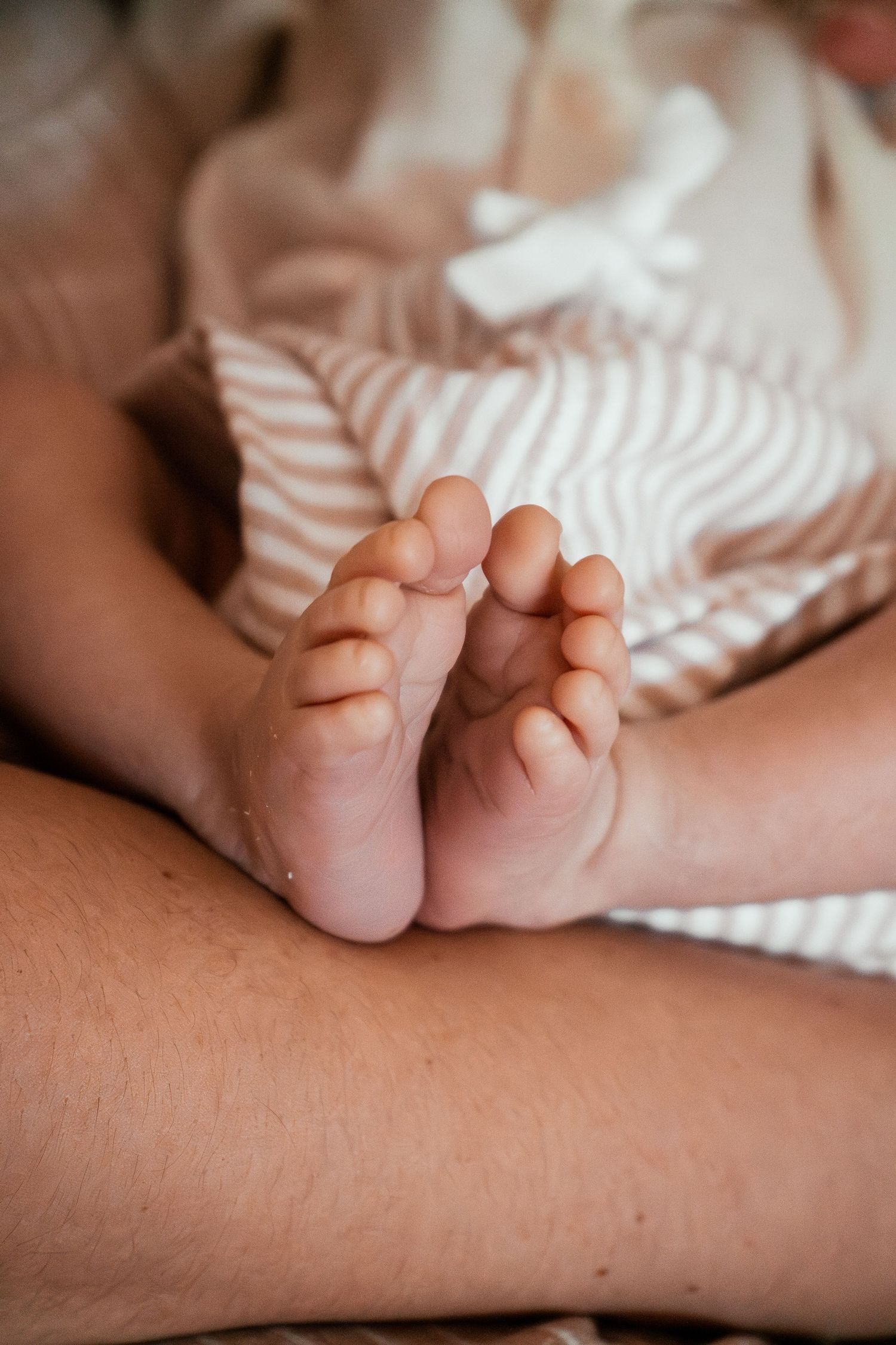 Close-up photos of tiny newborn baby feet resting on an adult's arm in soft natural lighting.