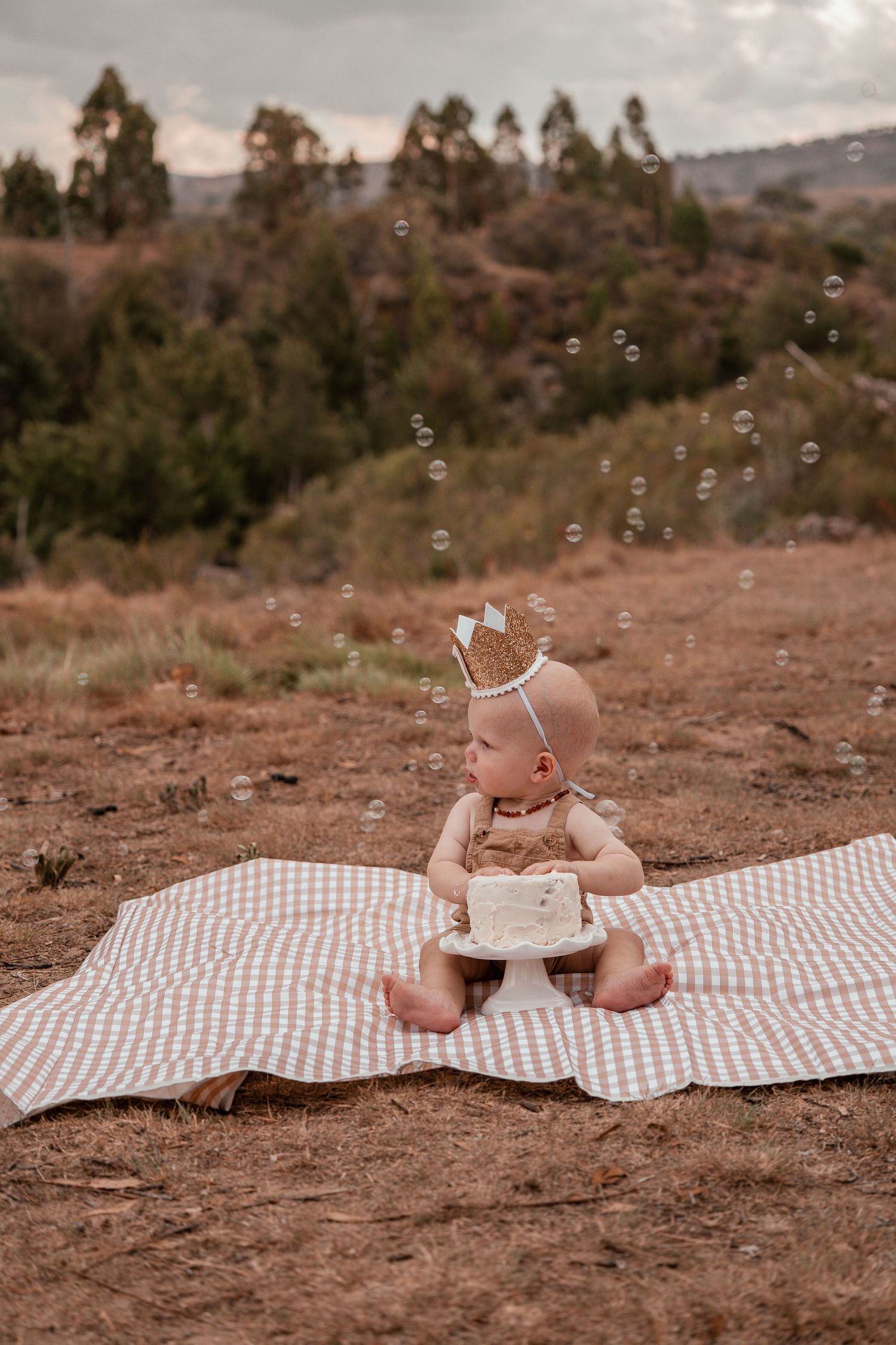 A sequence of photos showing a baby playing with bubbles while sitting on a striped blanket in a desert landscape.