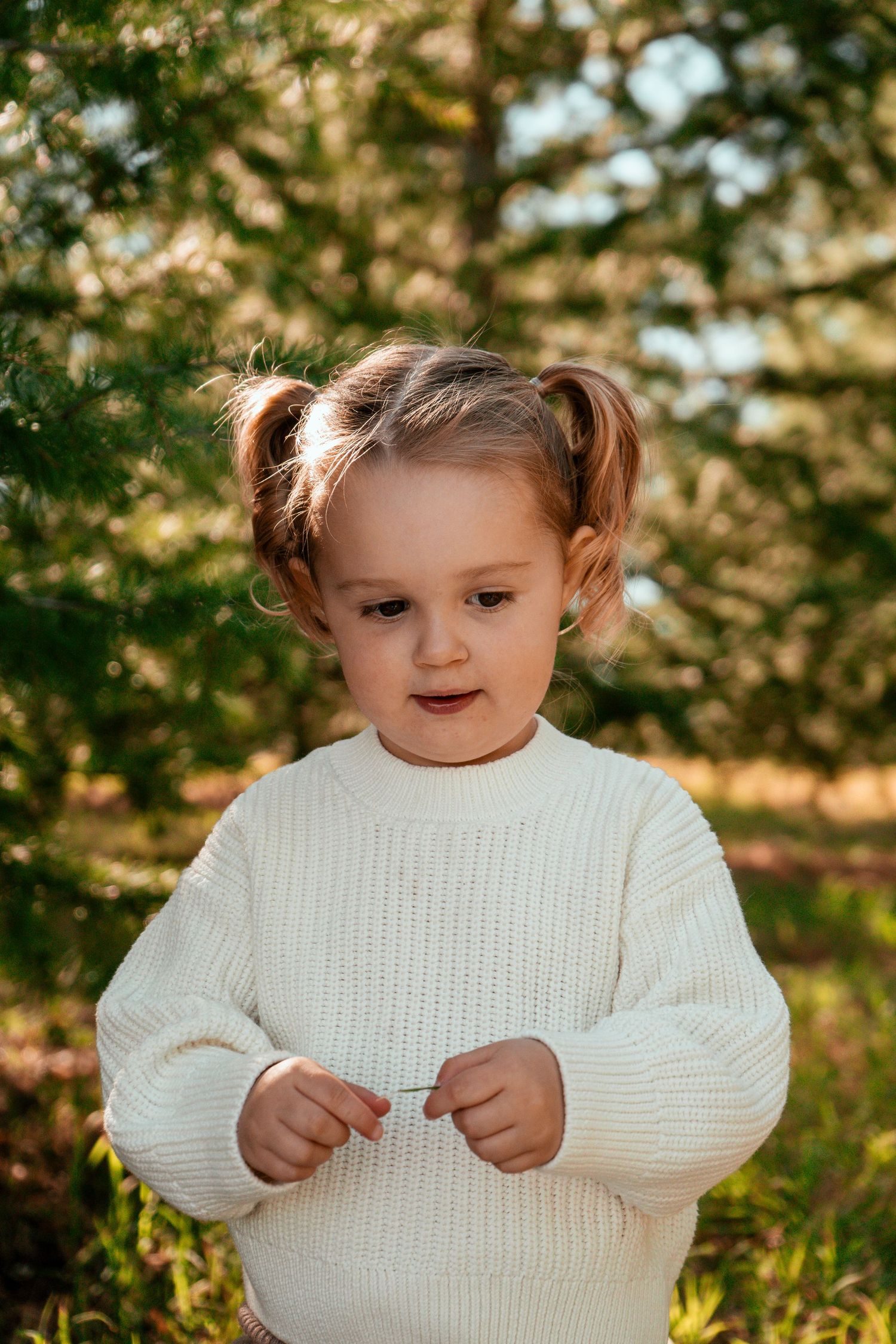 A toddler in a white knit sweater standing outdoors with pigtails and a curious expression.
