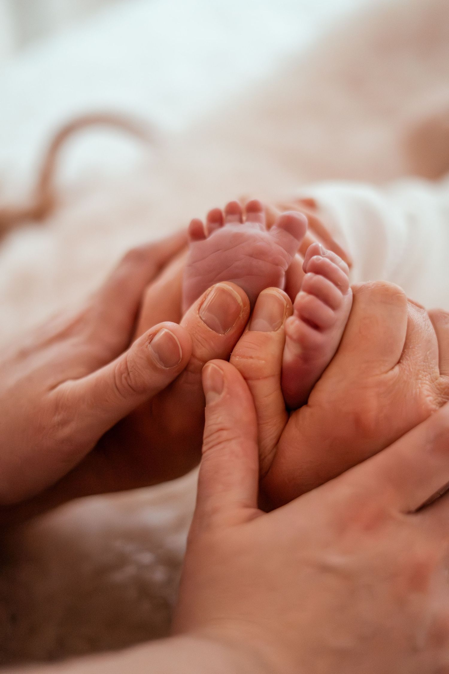 Gentle hands massage tiny baby feet in a soft, warm-toned series of intimate photographs.