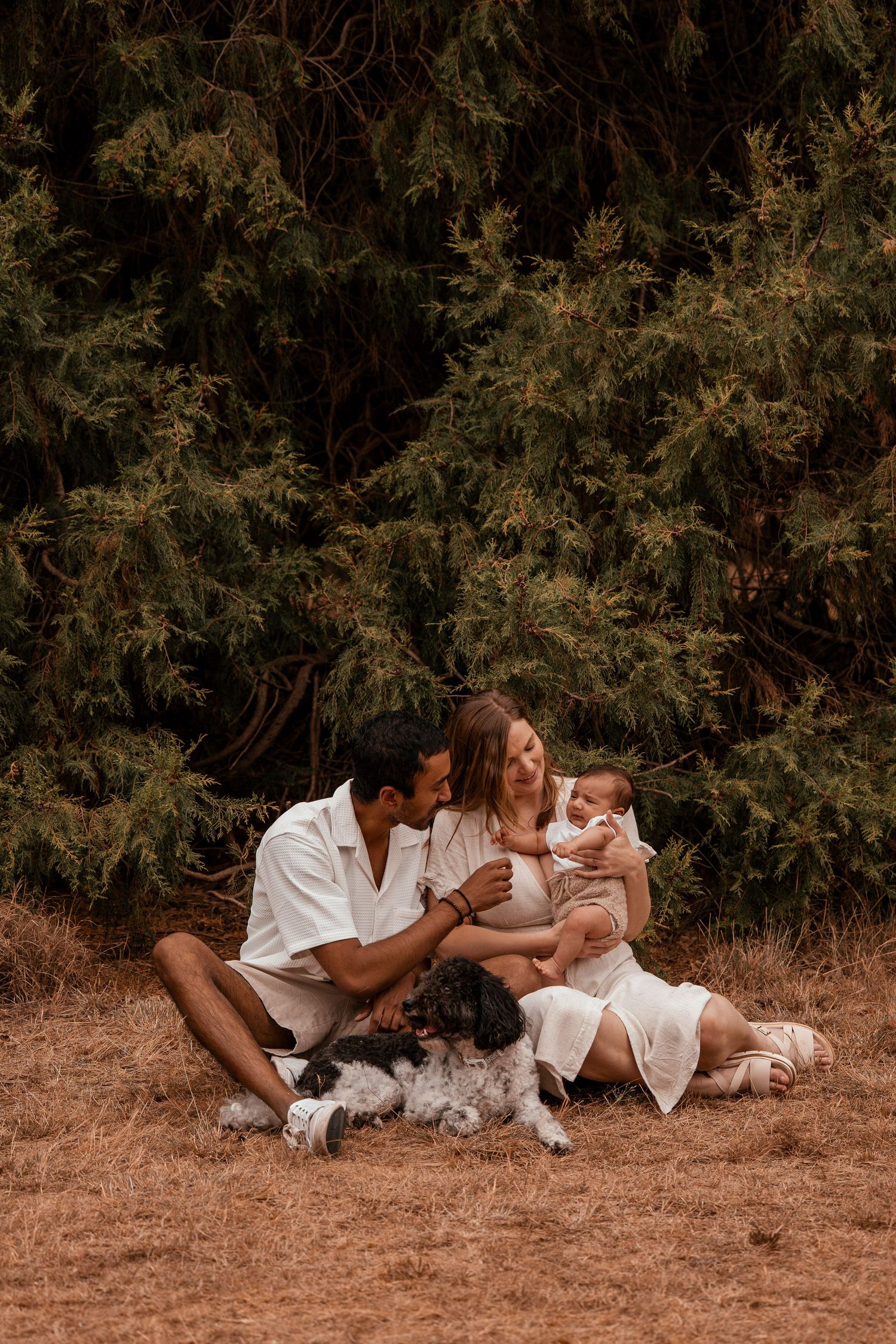 A family in white outfits shares tender moments together while sitting on brown grass outdoors.