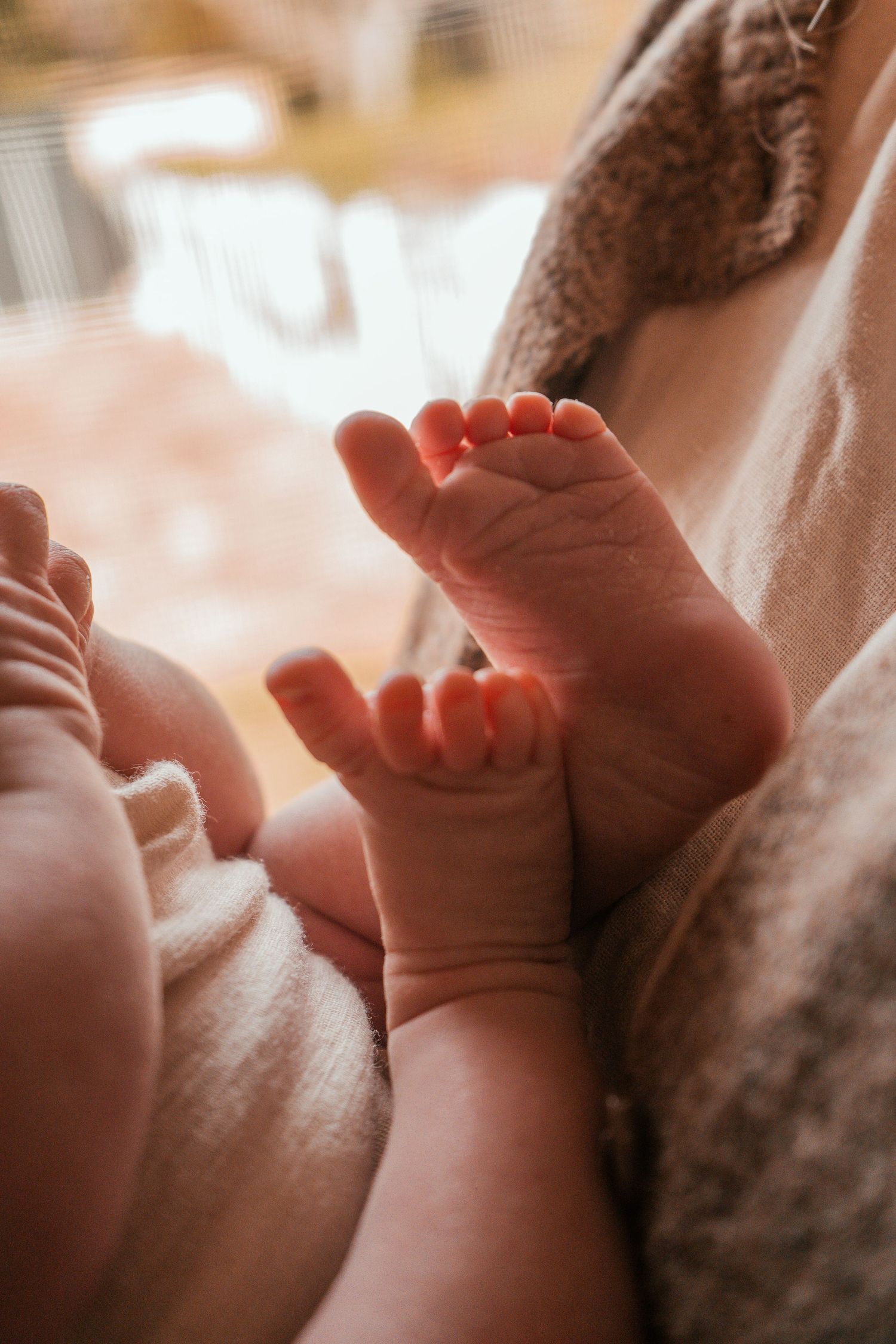 Close-up view of tiny baby feet resting on soft white fabric in warm lighting.