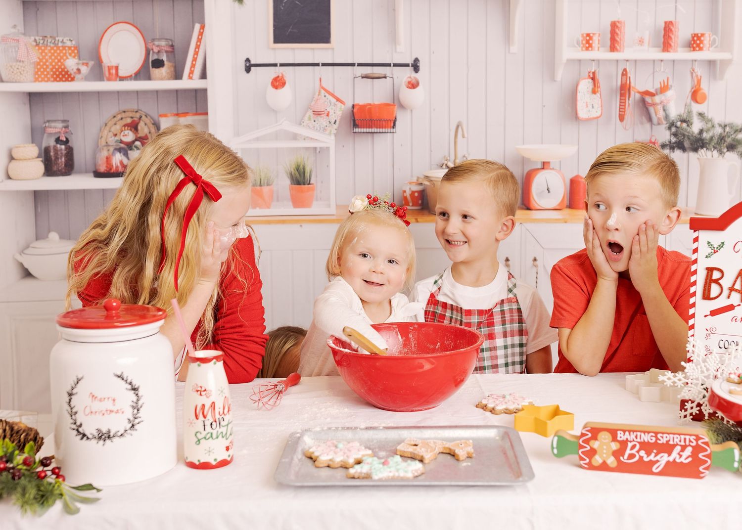 A series of holiday baking scenes showing hands mixing ingredients and decorating cookies in a bright kitchen.