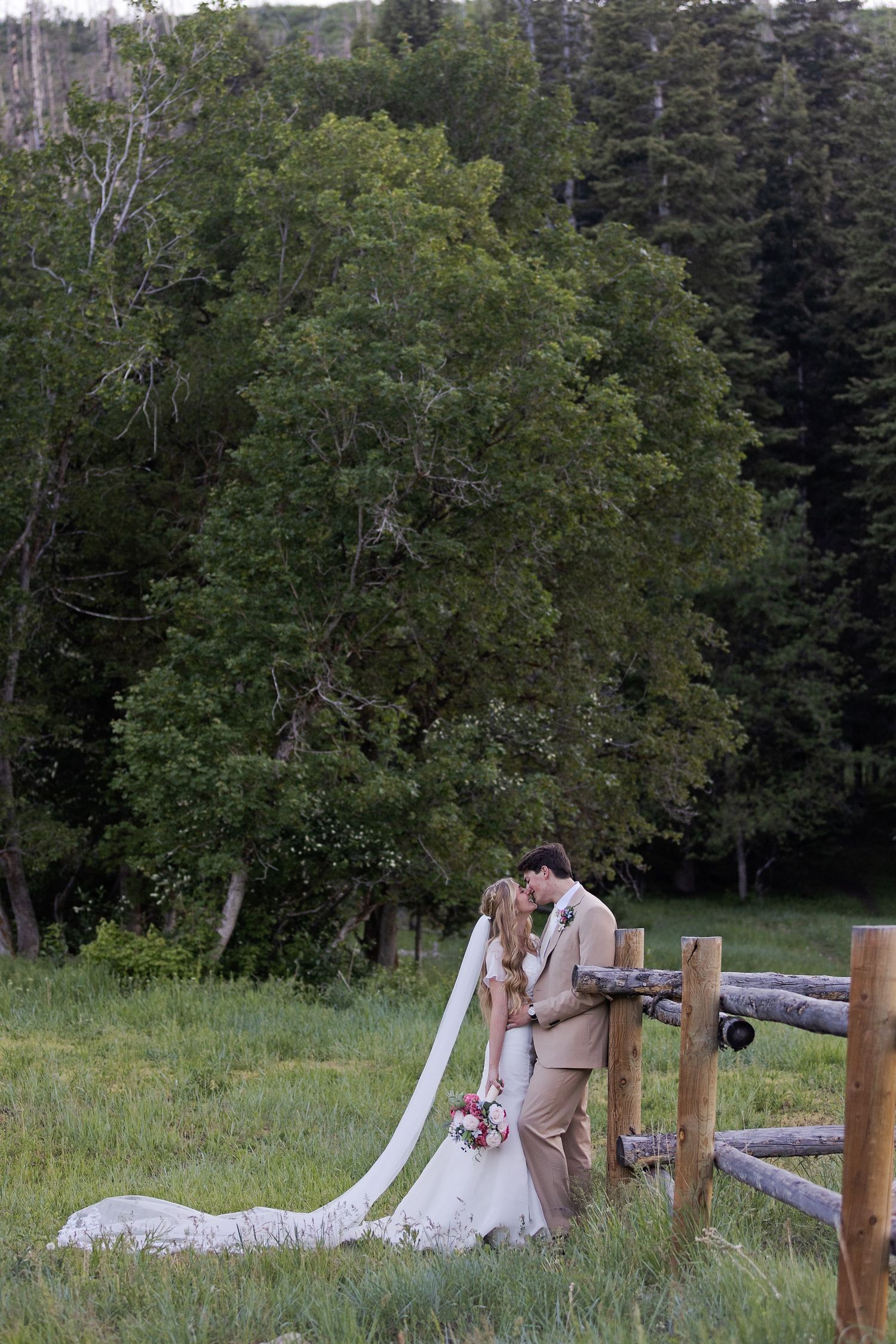 A romantic rural outdoor scene with couple embracing by a rustic wooden fence surrounded by lush green forest.