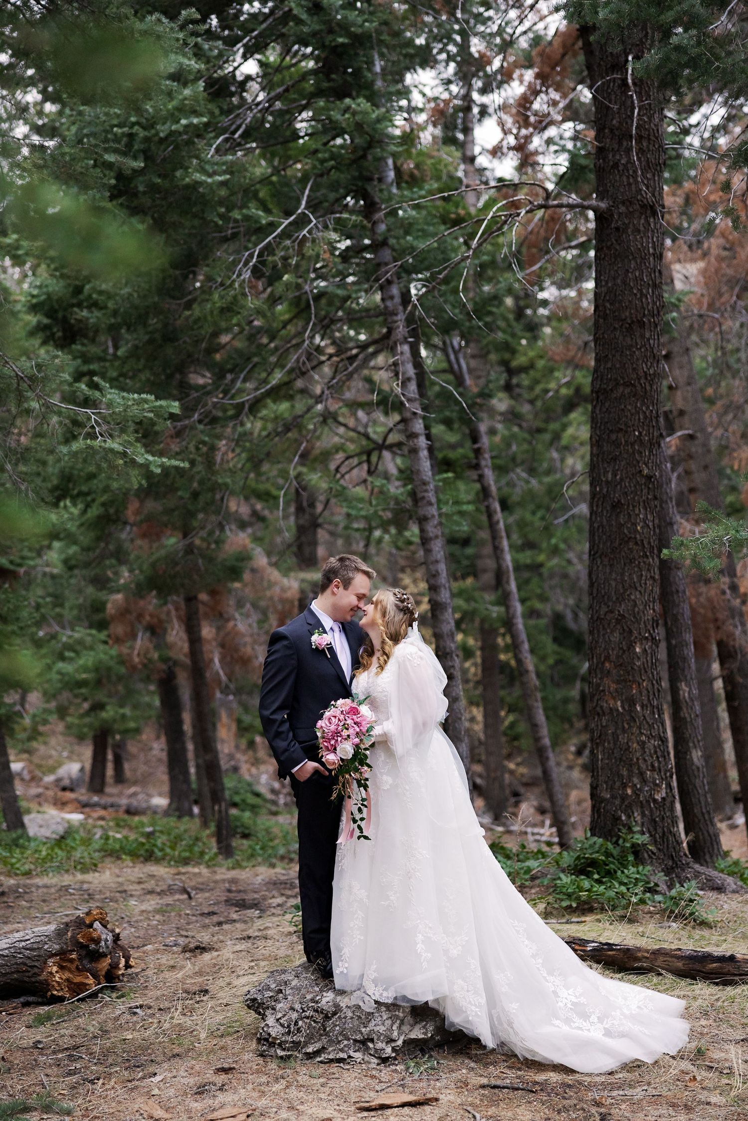 Romantic wedding portrait in forest with couple standing among tall pine trees.