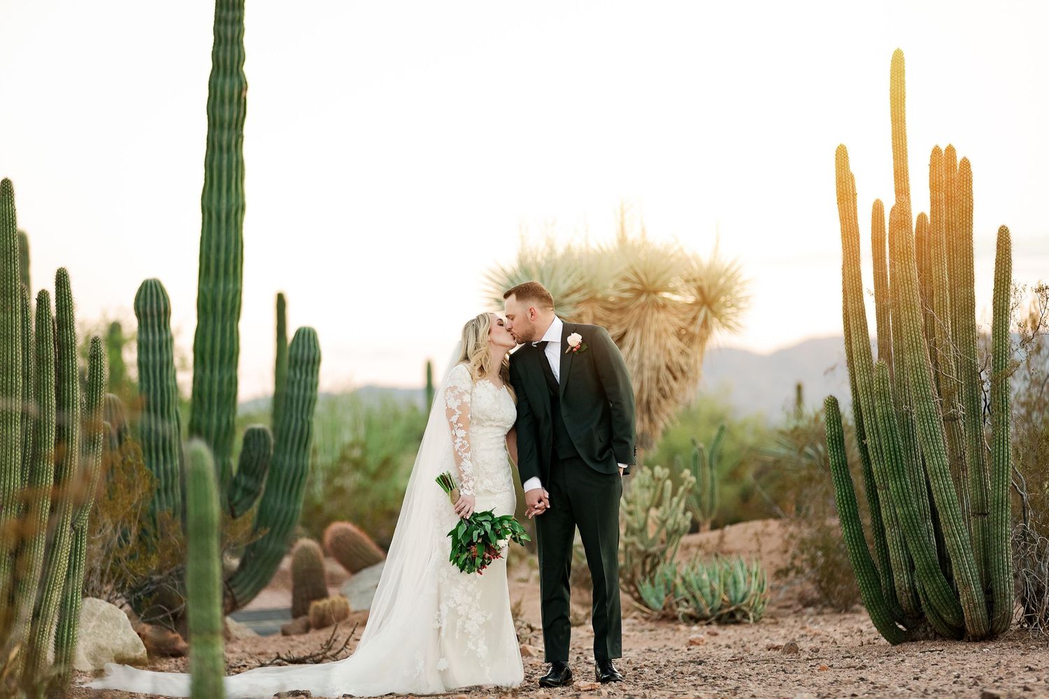 Wedding couple stands among tall desert cacti at sunset.