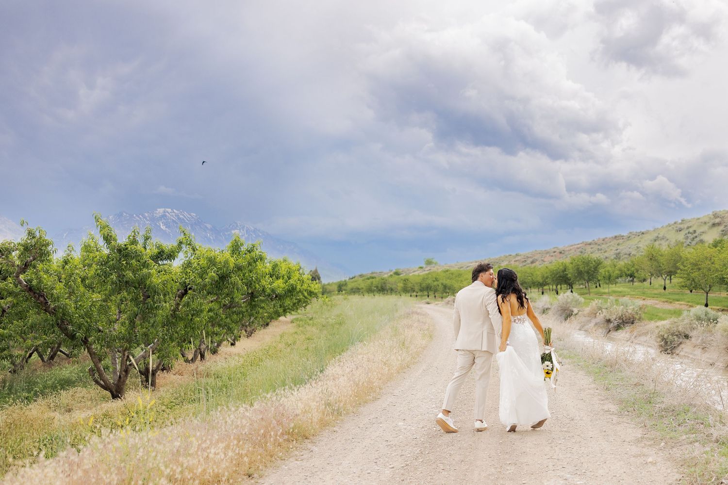 Newlyweds walking hand in hand on country path under blue sky.