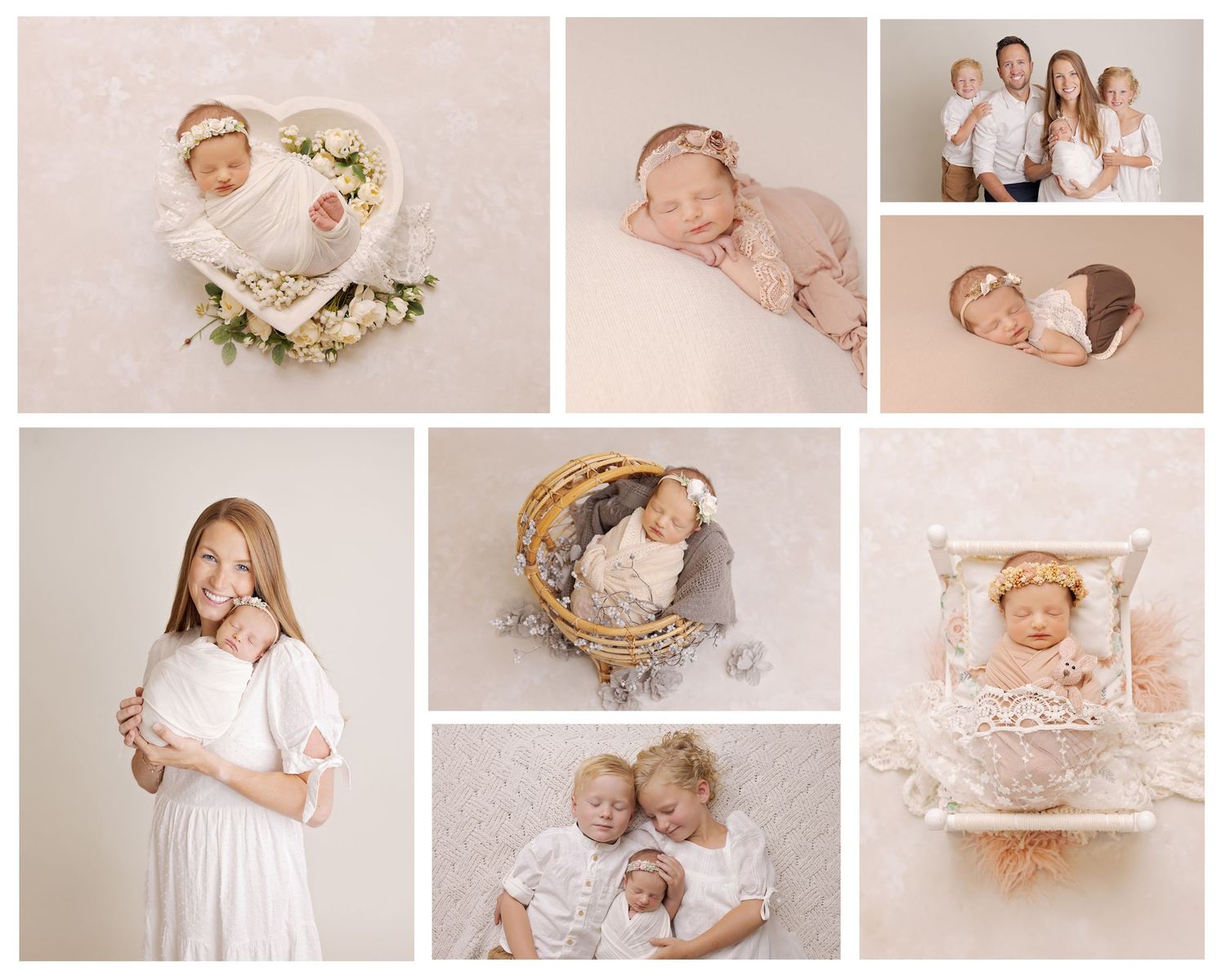 Collection of natural newborn and family portrait photos in soft neutral tones against light backgrounds.