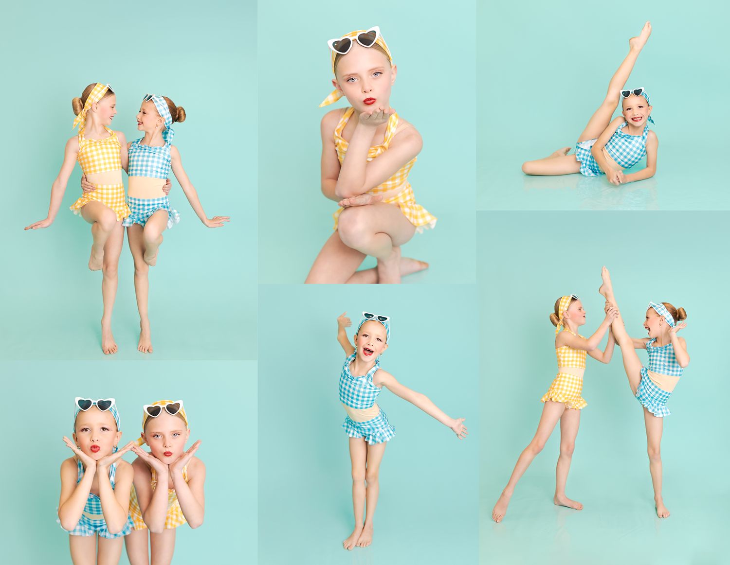 A collage of playful summer photos showing people in blue and peach tones posing and having fun at a beach or pool setting.
