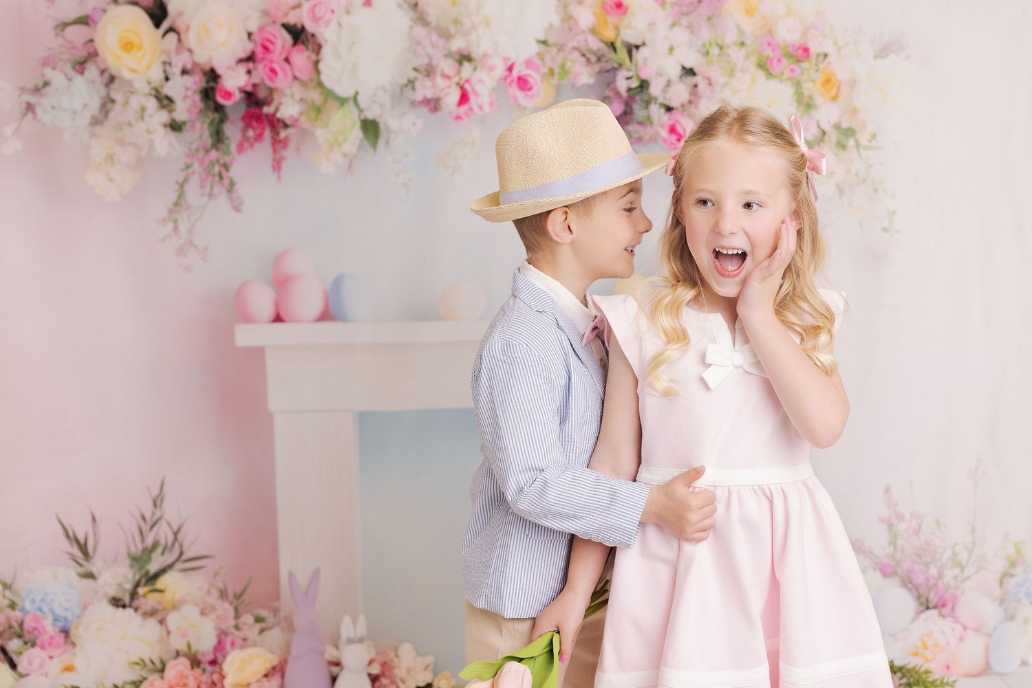 Children in pastel outfits pose against floral backdrops in a series of spring-themed portrait photographs.