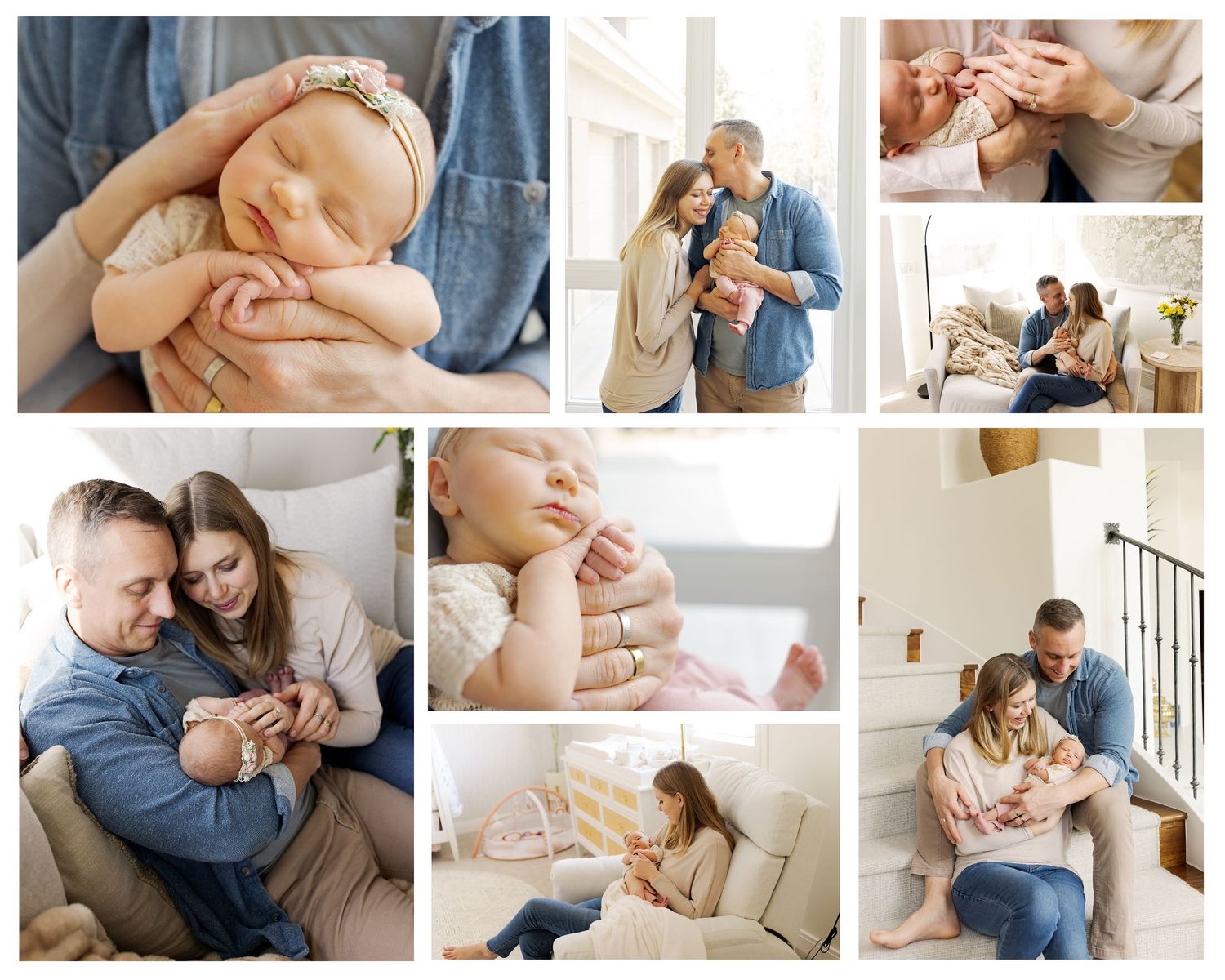 Lifestyle newborn photo collection showing intimate family moments at home in neutral colors.