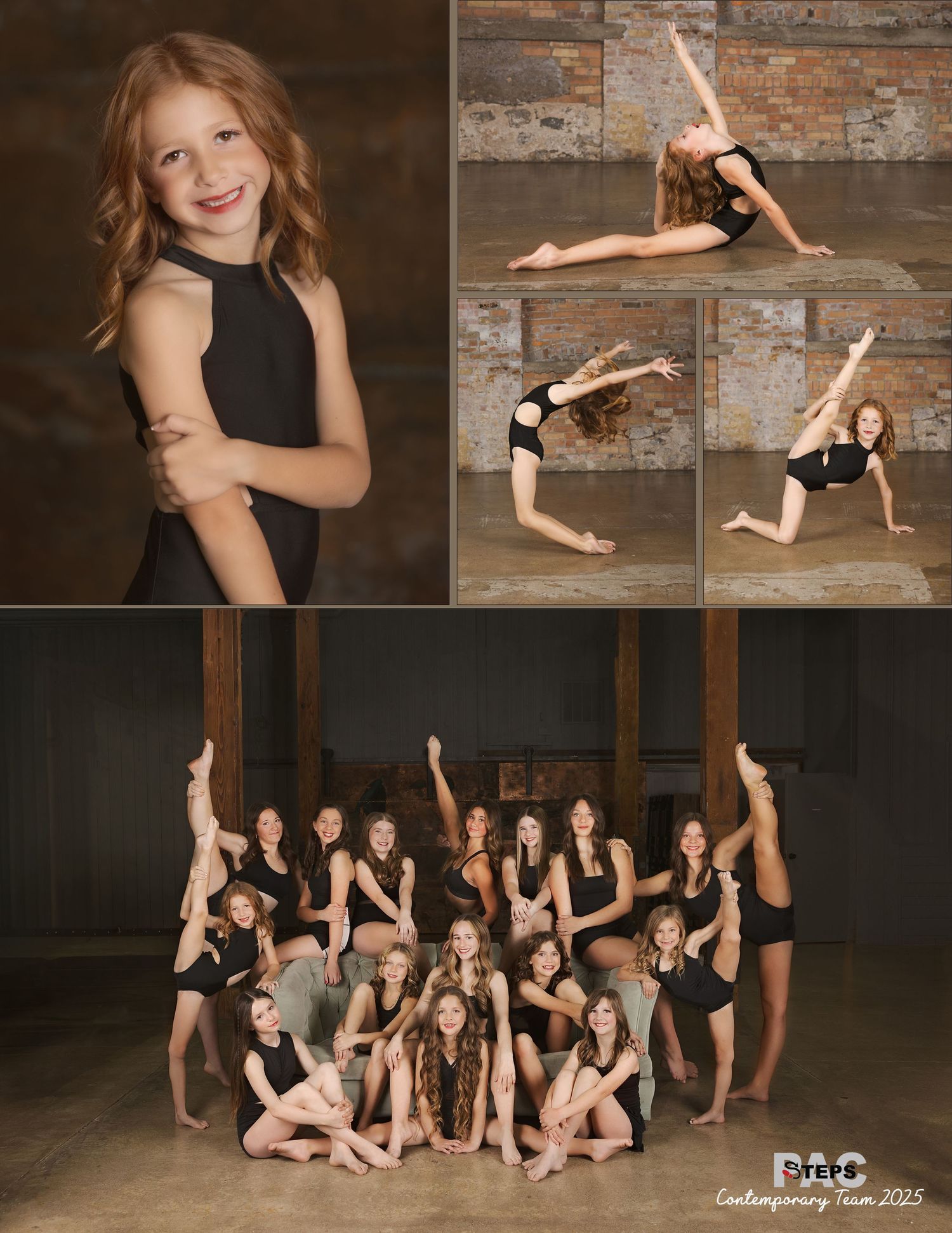Dance students in black leotards pose together for a group photo in a rustic studio setting.