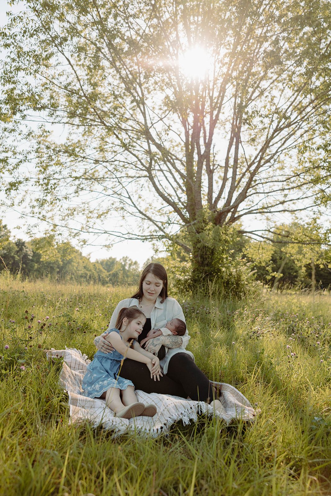A family relaxing on a blanket in a sunlit meadow with tall trees in the background.