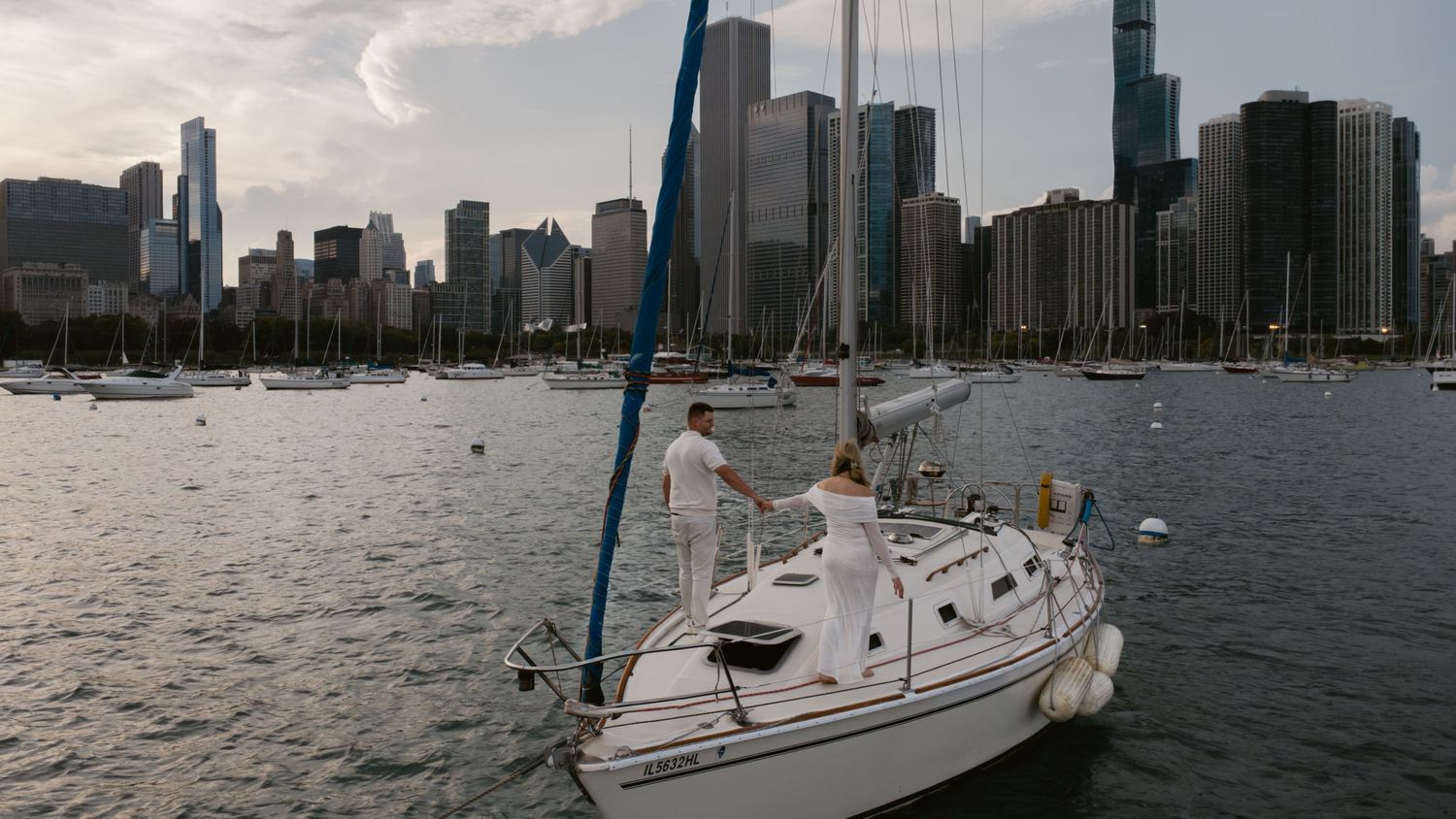 Panoramic view of Chicago skyline from sailboat on Lake Michigan.