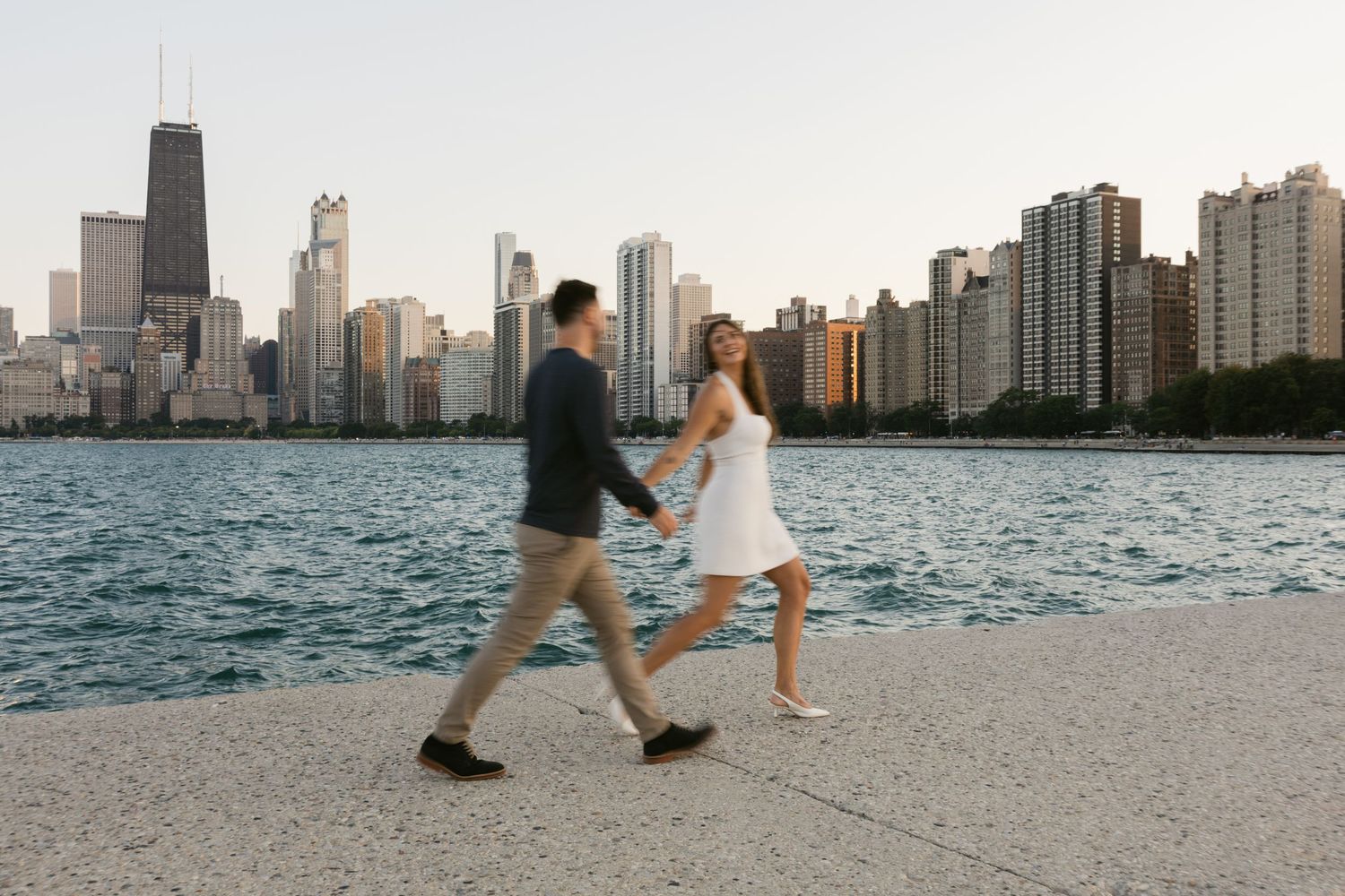 Chicago's dramatic skyline stretches across the horizon as viewed from North Avenue Beach.