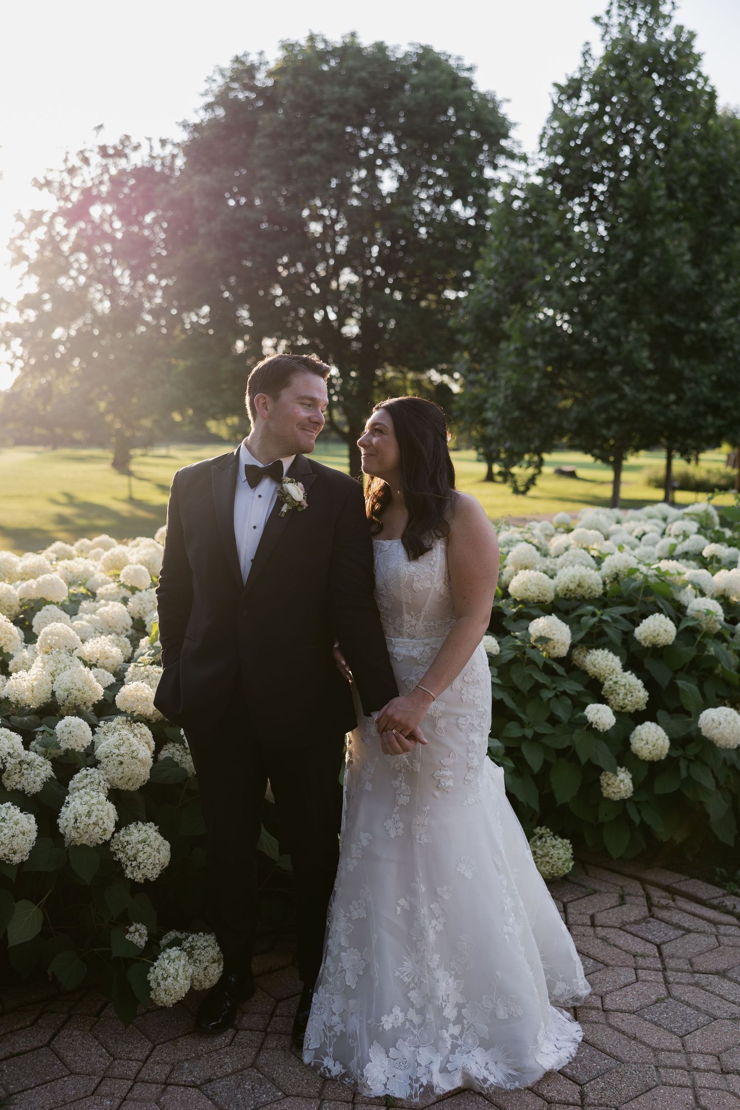 Wedding couple standing by blooming white hydrangea bushes during golden hour sunset.