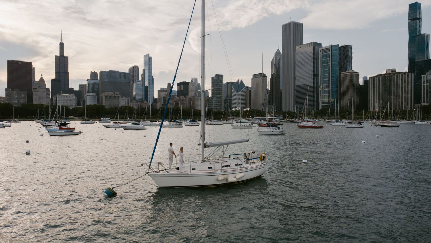 Wide panoramic shot of Chicago's impressive skyline viewed from Lake Michigan.