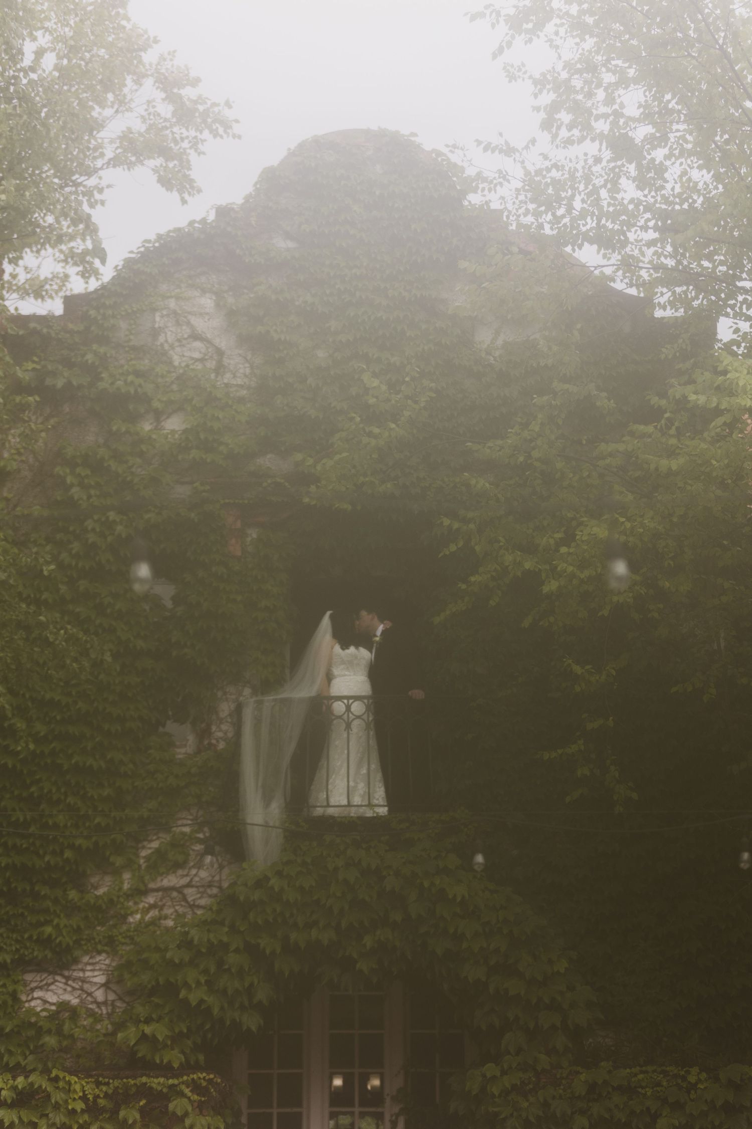 A white wedding dress hangs on display against a lush ivy-covered building facade in misty weather.
