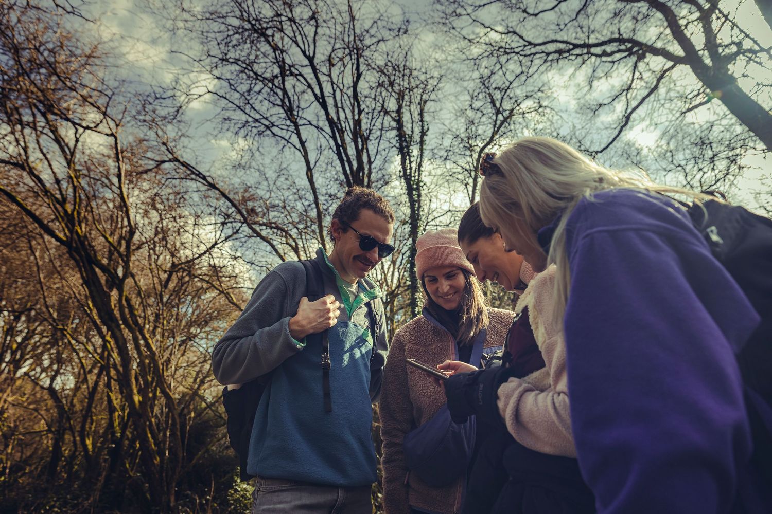 Group of four hikers examining something small in a woodland setting.