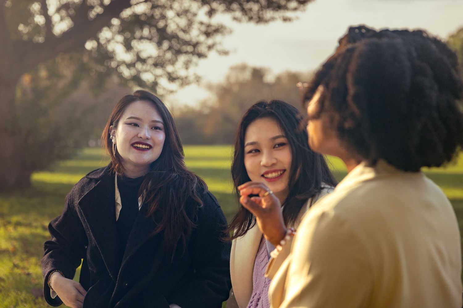 Three young women laughing together in a sunny park during golden hour autumn light.