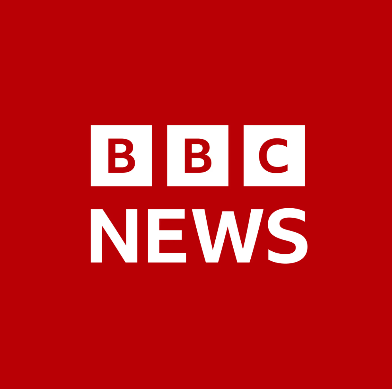 BBC News logo on a bold red background with white bold text, representing the British Broadcasting Corporation news brand.