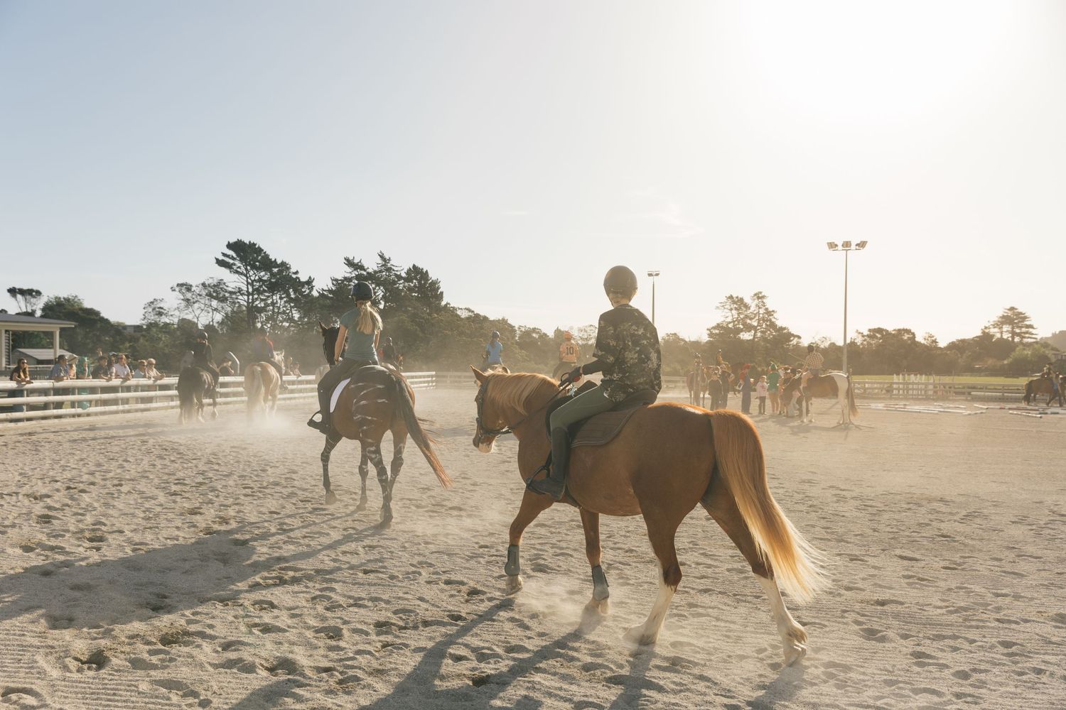 Multiple horse riders training in a dusty outdoor equestrian arena during sunny afternoon.