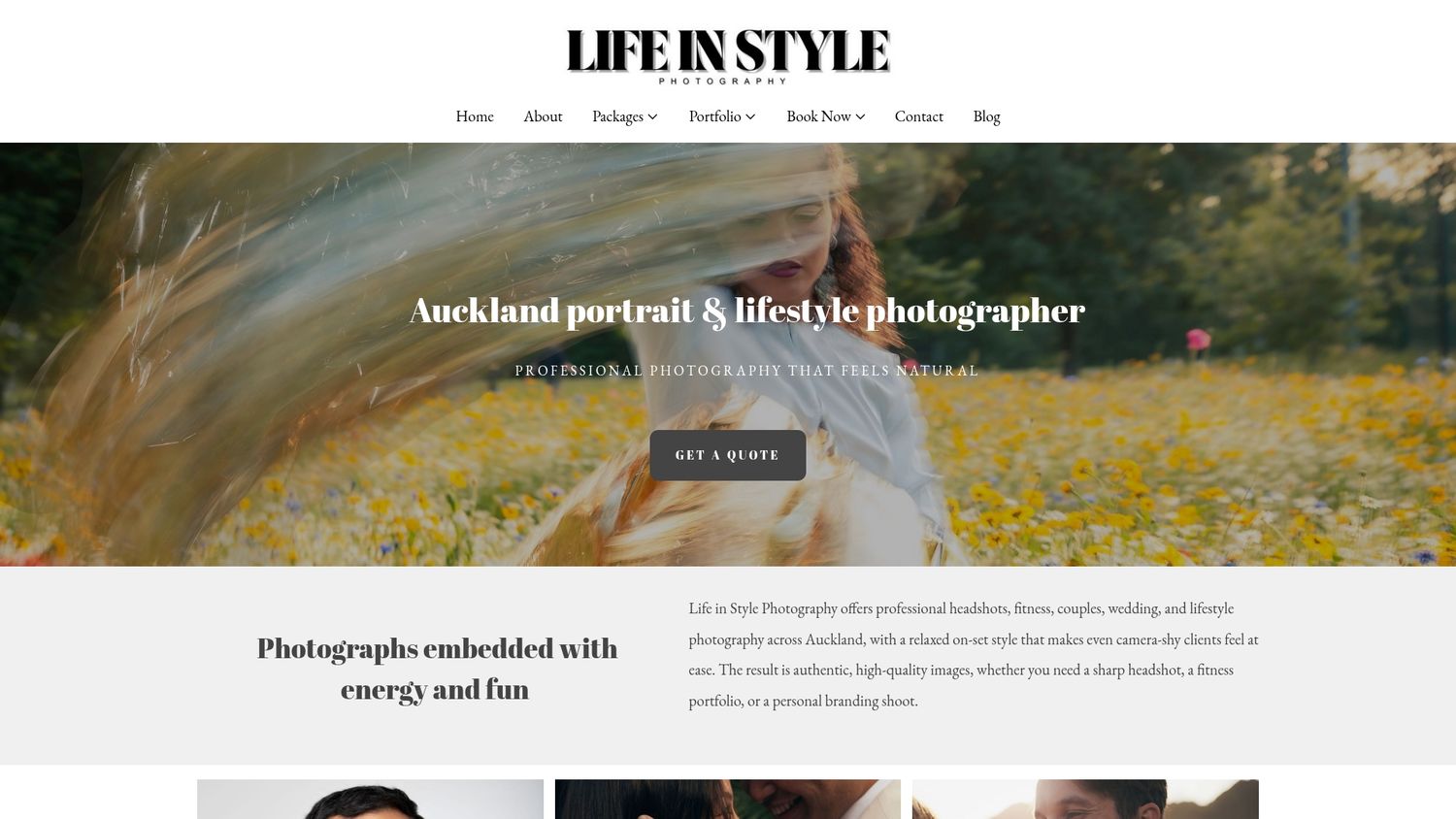 Auckland lifestyle photographer website homepage featuring a woman with flowing hair in a golden flower field.
