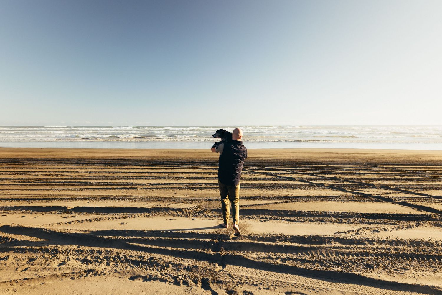 Man standing on vast sandy beach holding dog while facing the ocean on a sunny day.