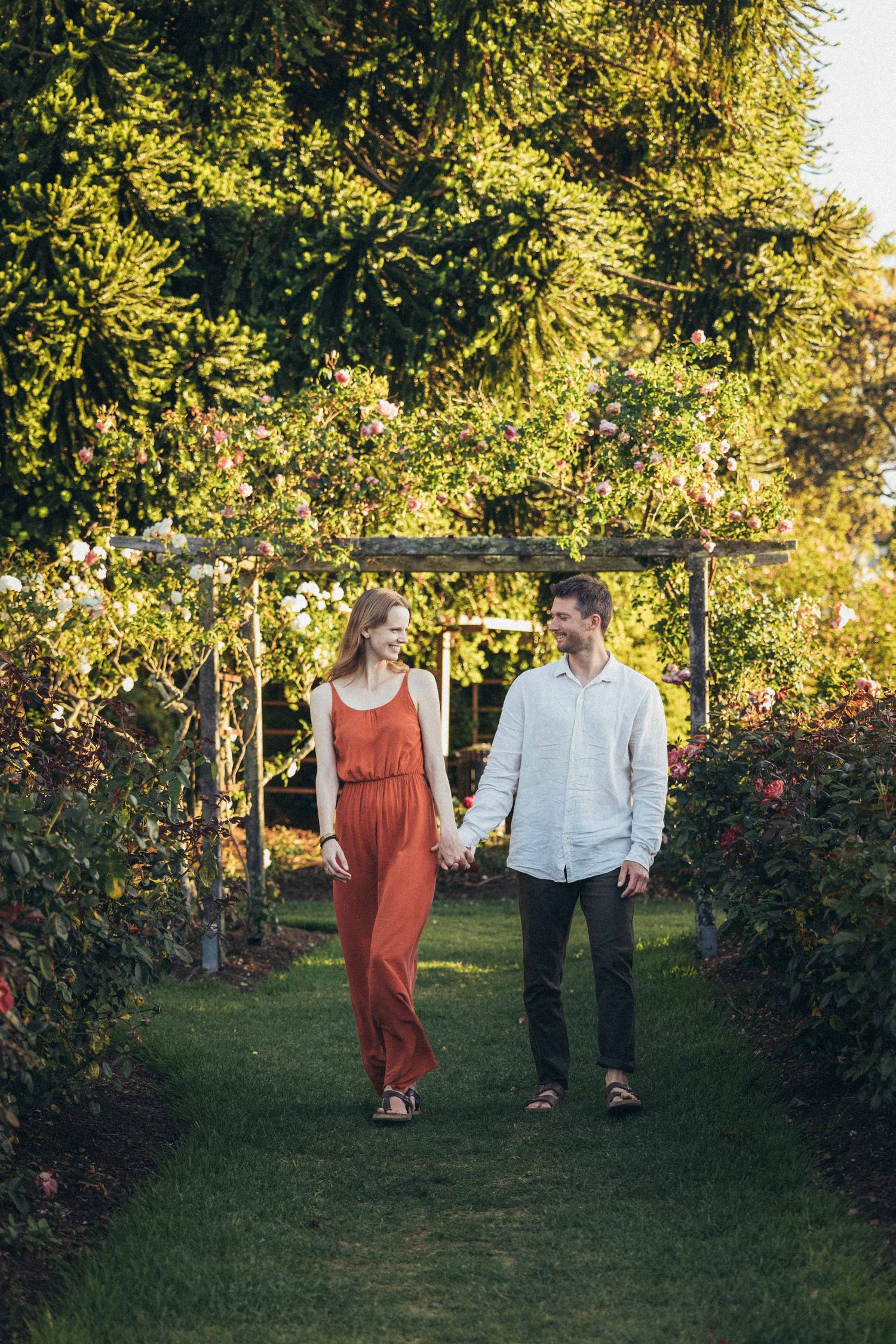 Couple holding hands walking through a lush garden path with roses and greenery.