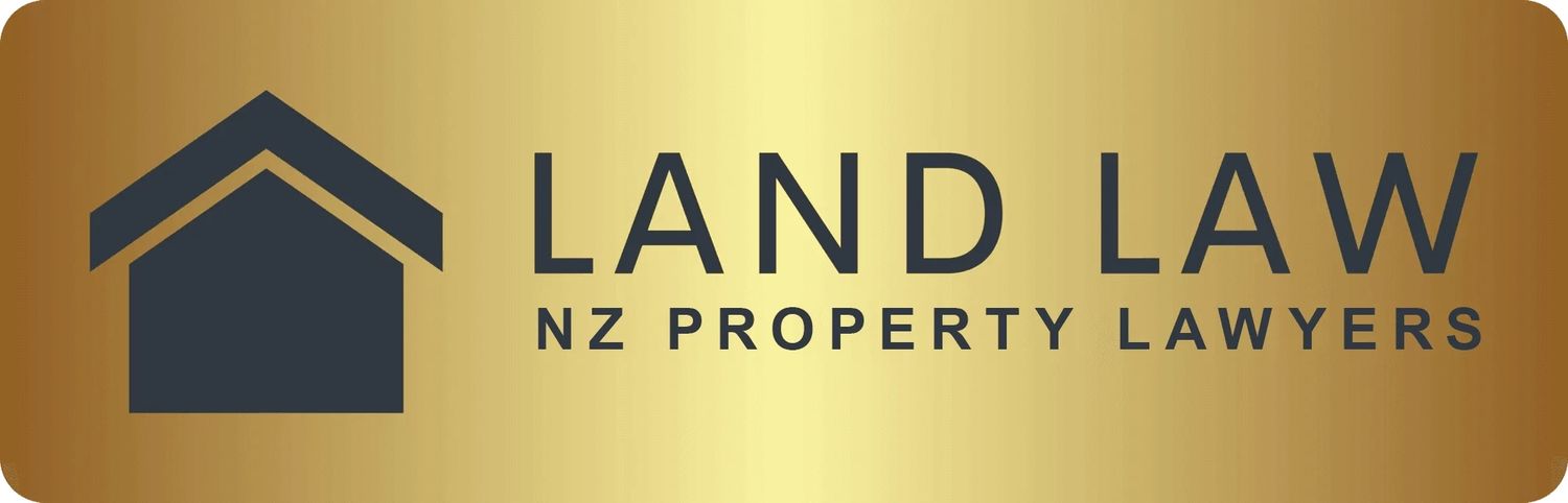 Gold rectangular logo for Land Law NZ Property Lawyers featuring a dark blue house icon and bold text.