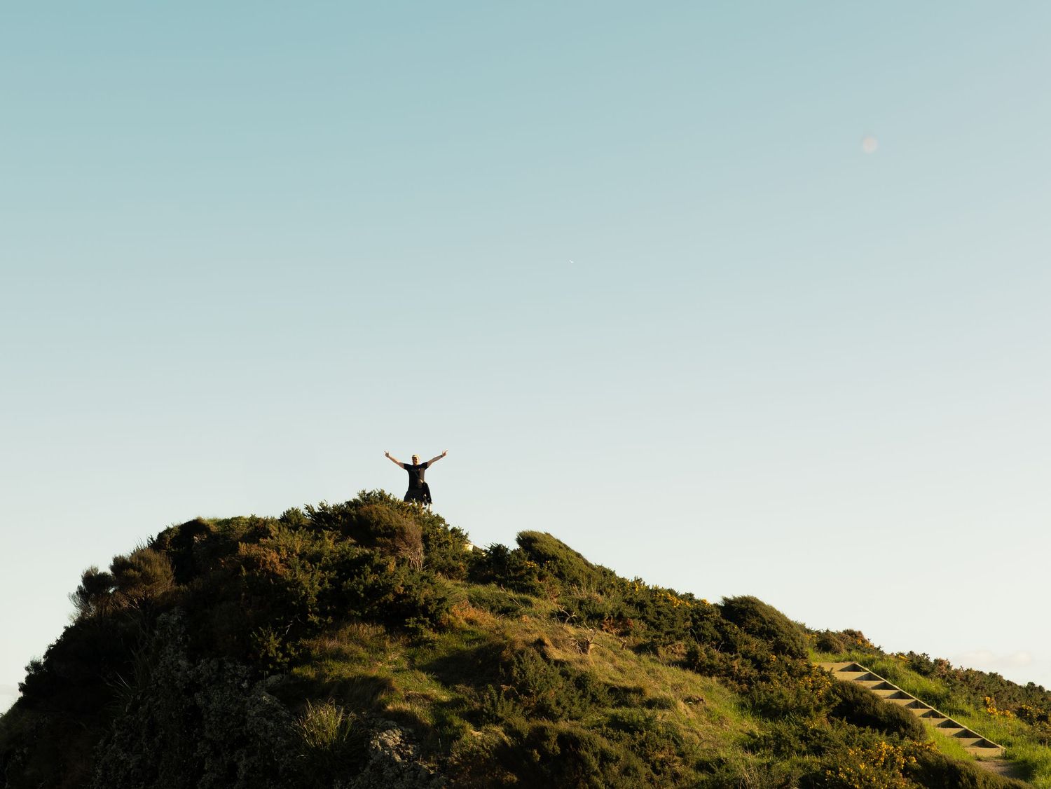 Person standing triumphantly on a lush green hilltop with arms raised against a clear blue sky.