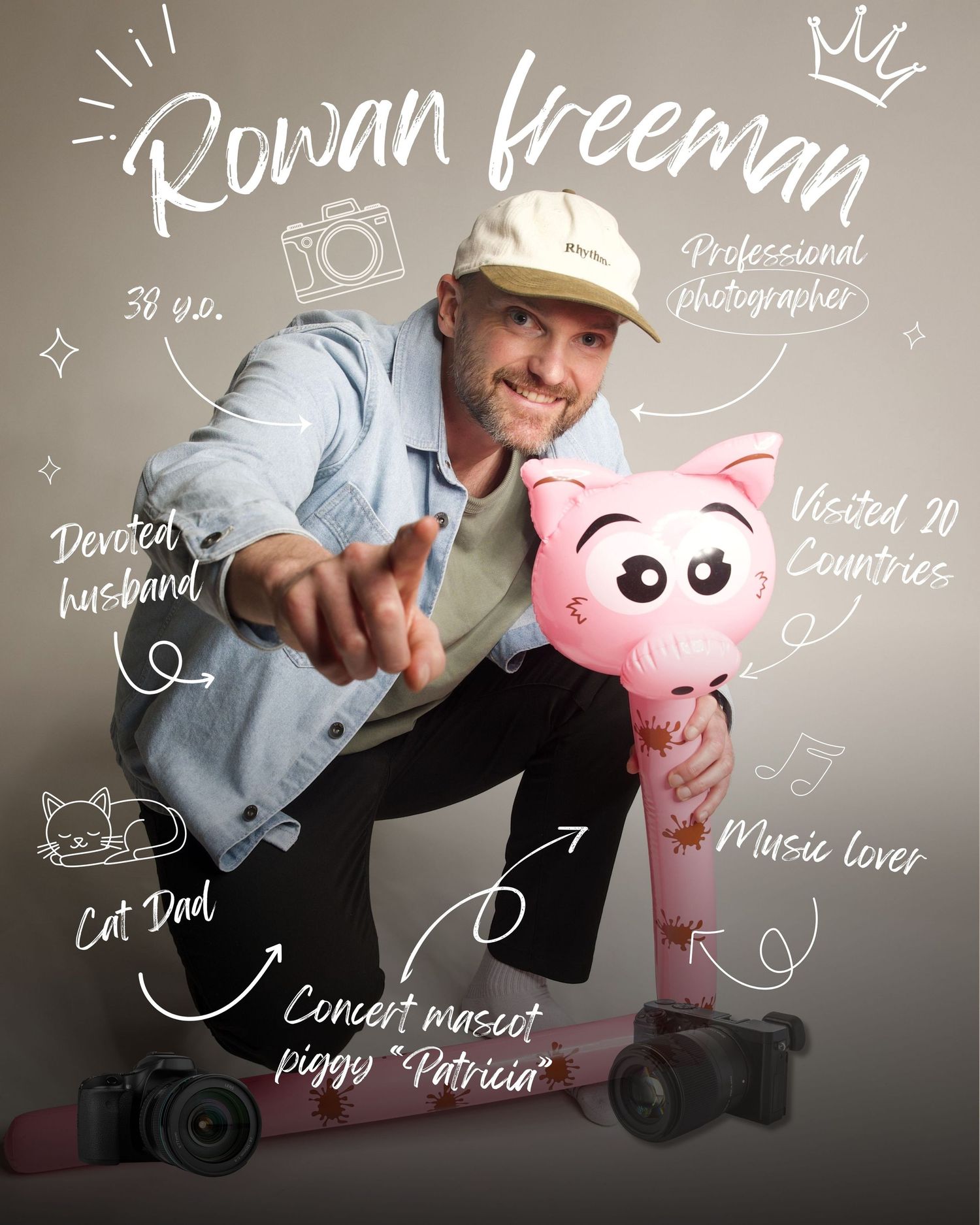 Rowan Freeman, 38, professional photographer and devoted husband, poses with pink pig mascot Patricia on a scooter.