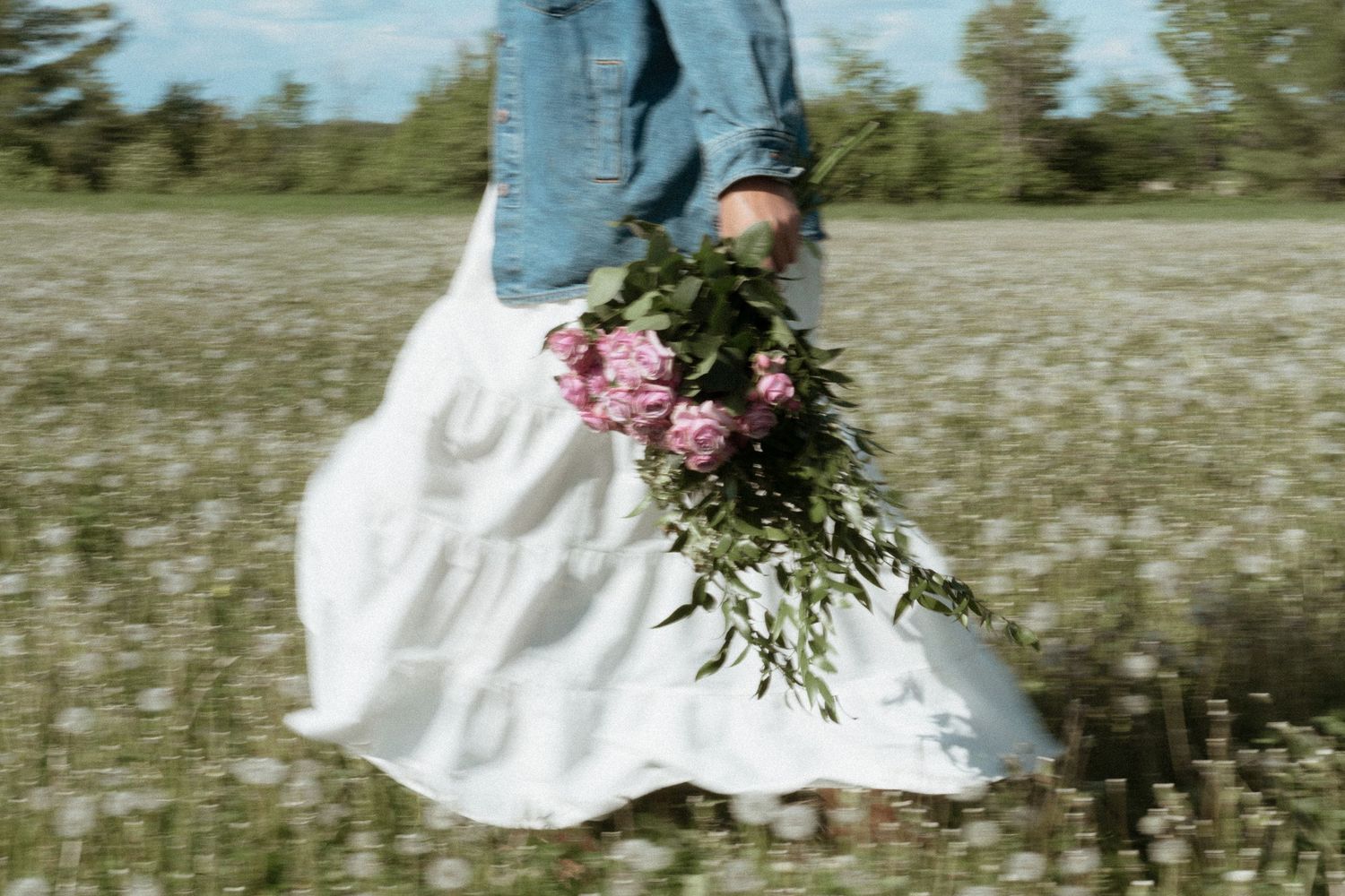 Person in white dress and denim jacket walking through a field holding a bouquet of pink peonies.