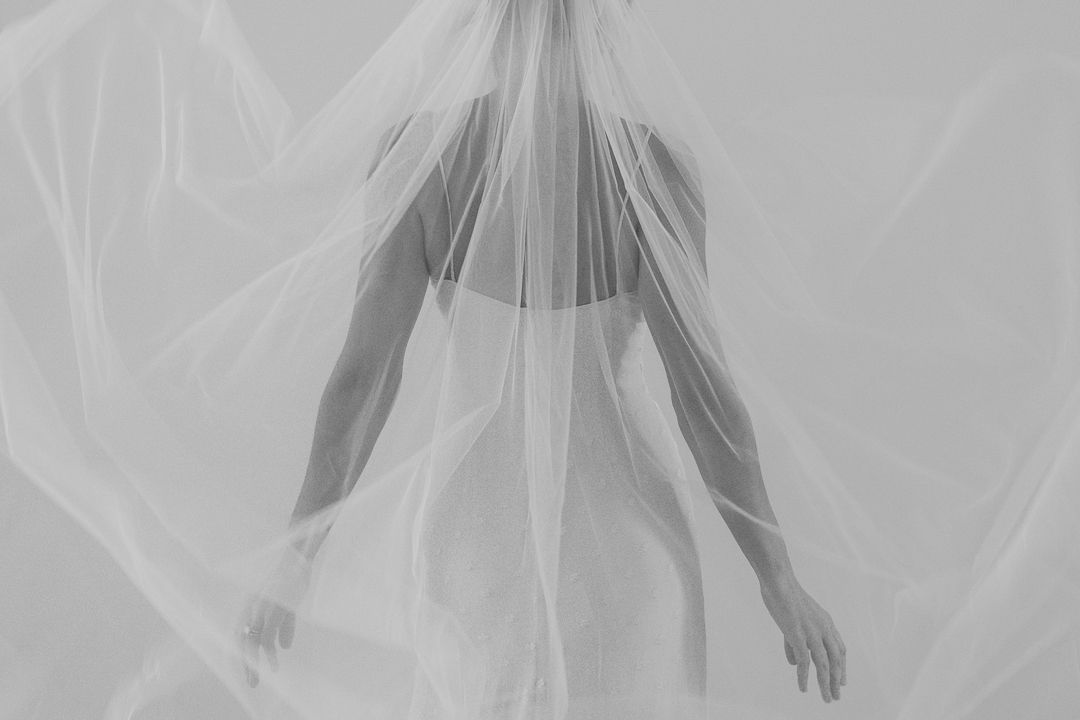 Minimalist black and white photo of bride's arms and back draped in flowing sheer wedding veil.