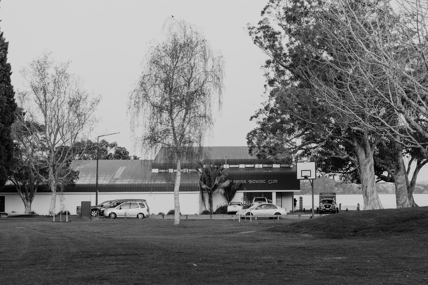 A black and white photograph showing a building exterior with trees and a lawn in the foreground.