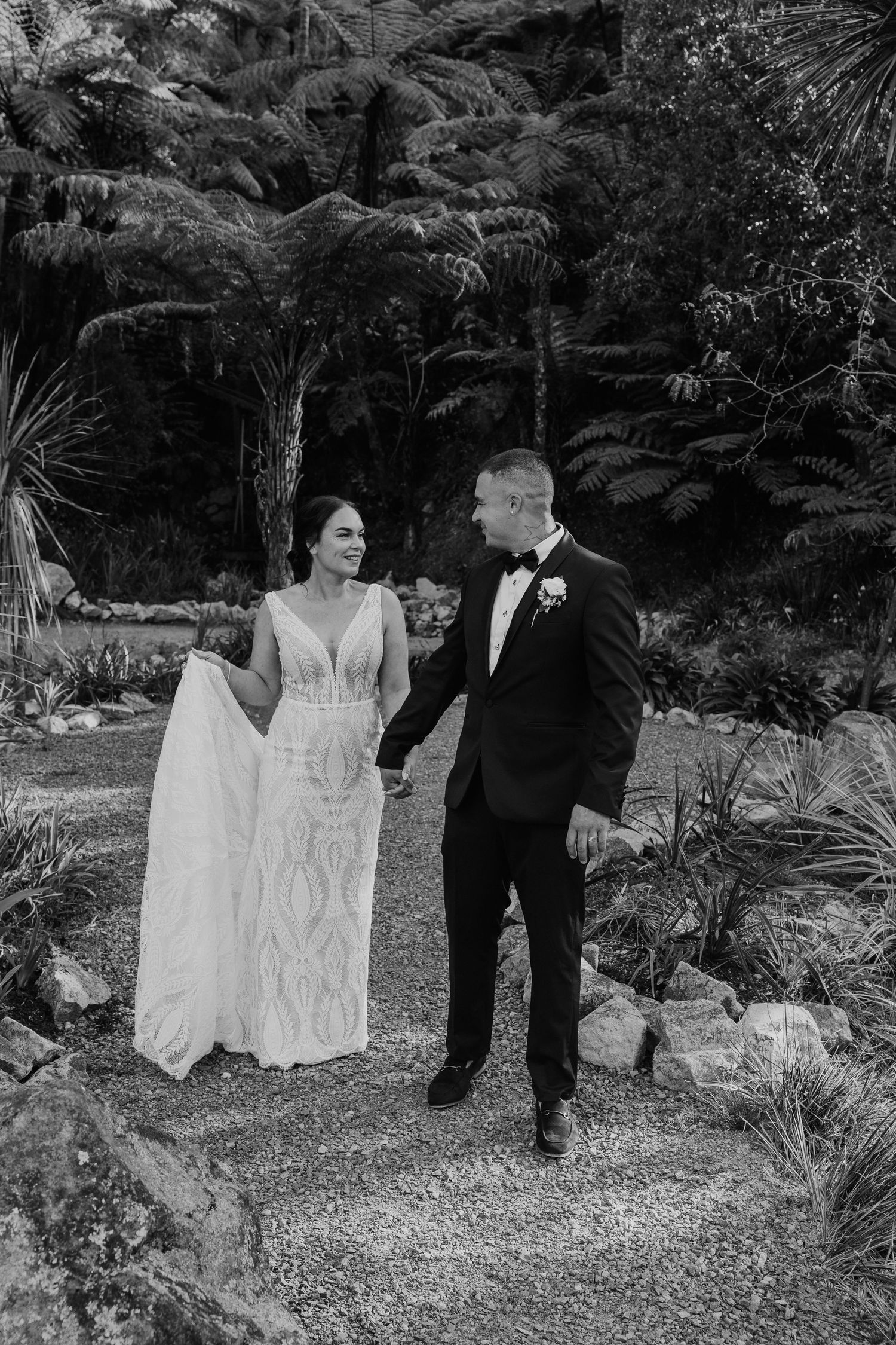 A black and white photo sequence shows a bride and groom walking and interacting in a garden setting.