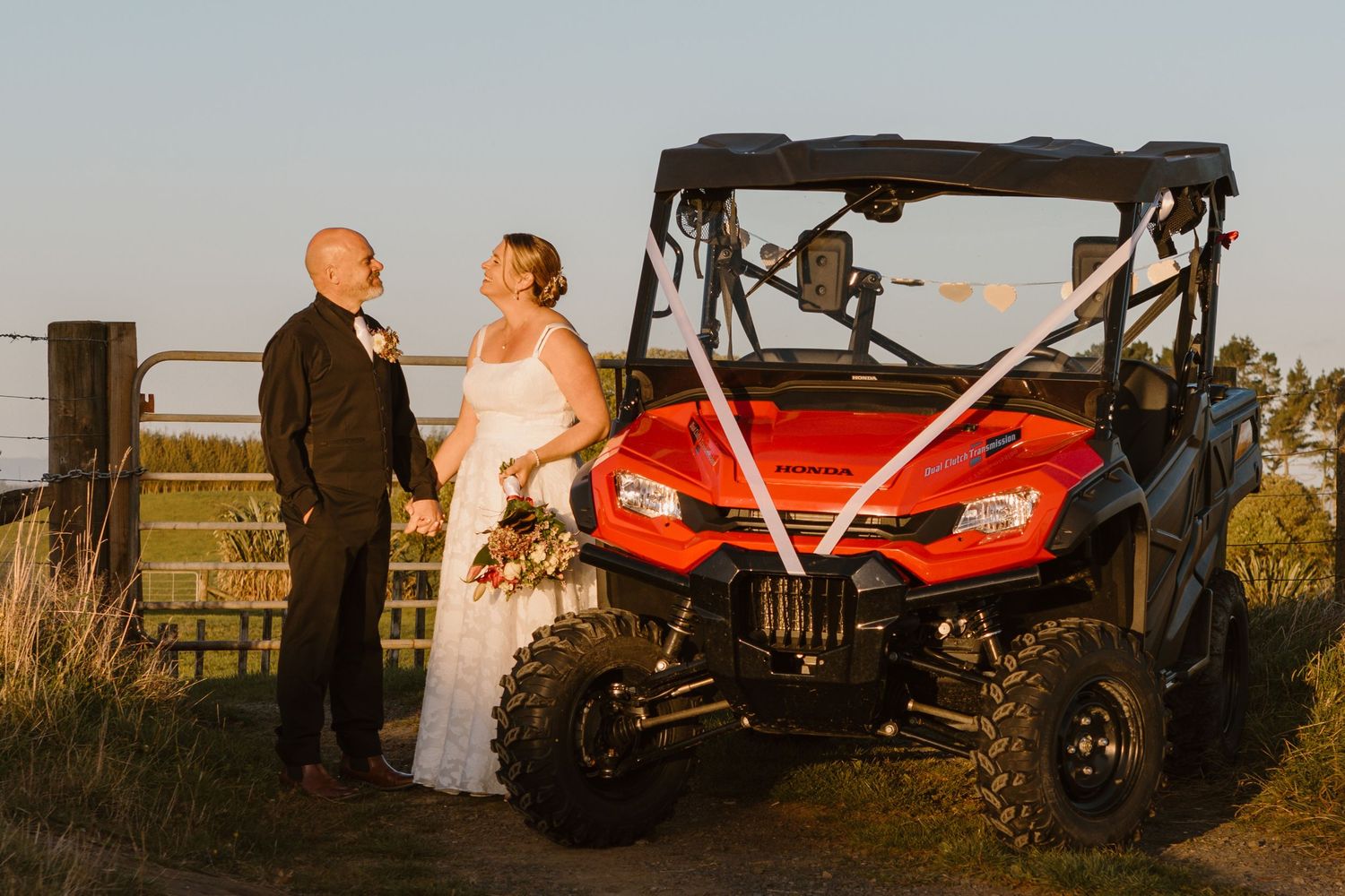 Four sequential images from a wedding photo session featuring and off-road side-by-side vehicle in sunset lighting.