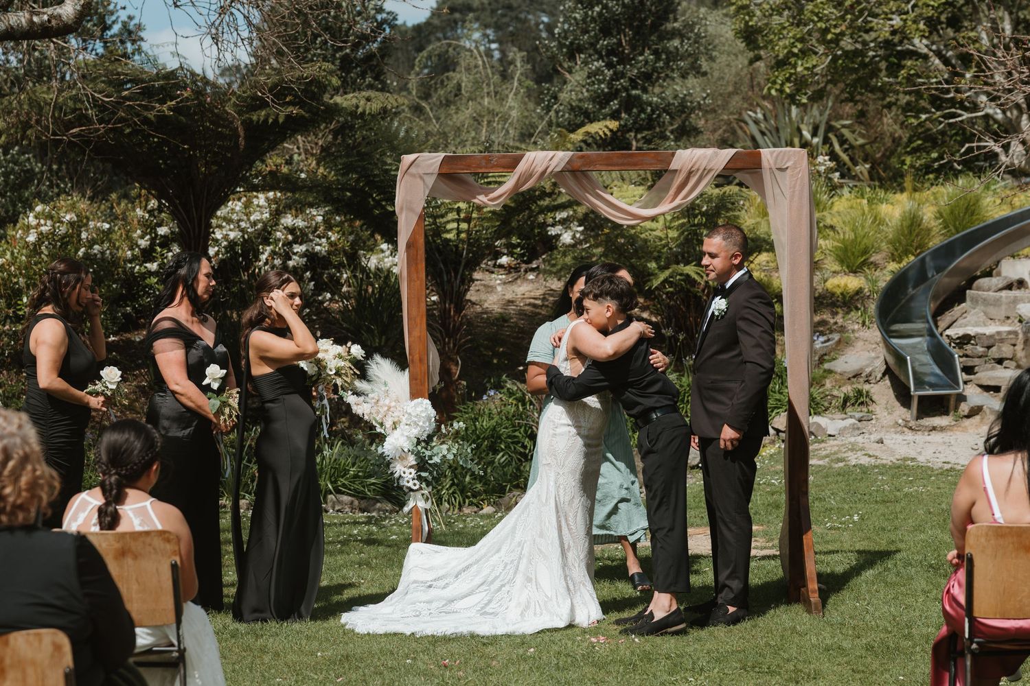 A panoramic collage of wedding moments captured outdoors in a garden setting during a summer celebration.