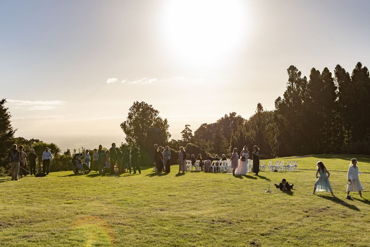 A sunny hillside park with groups gathered on a grassy slope during golden hour with tall trees in the background.