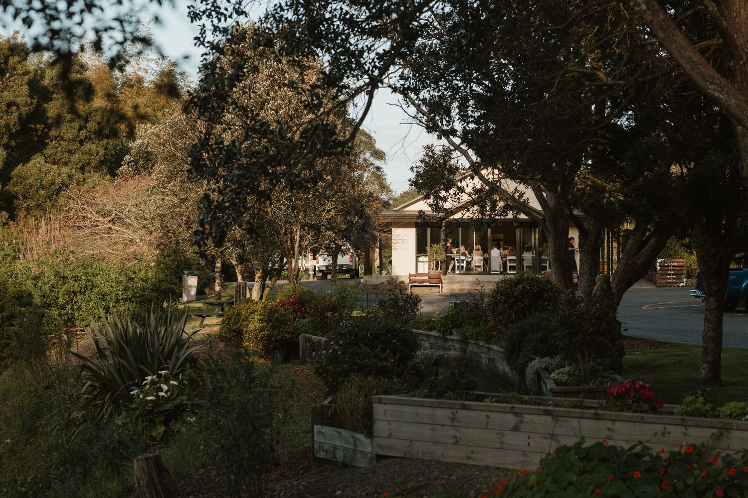 A panoramic view of a suburban neighborhood with mature trees and well-maintained houses along a residential street.