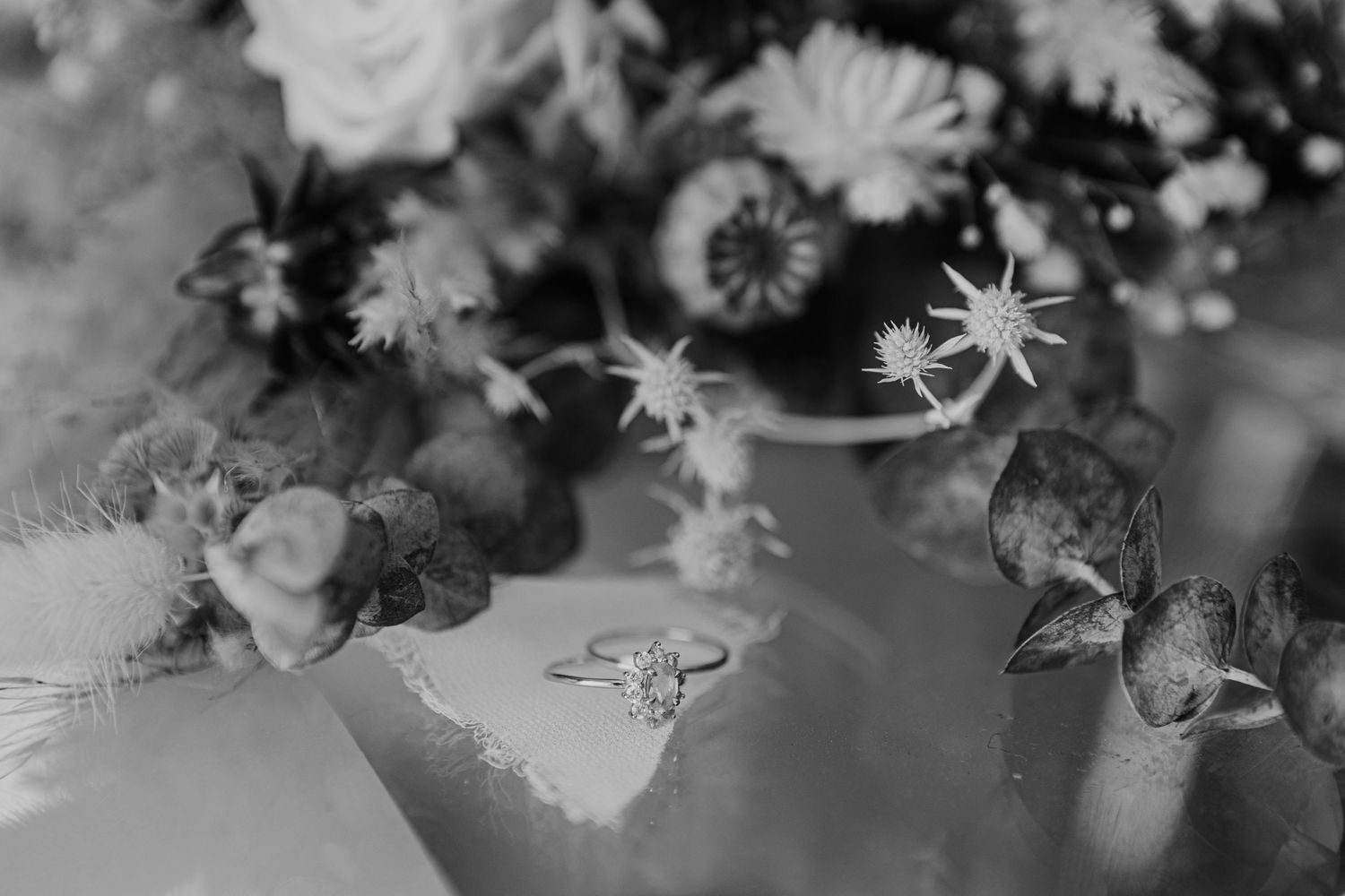 A seamless black and white floral header banner showing delicate flowers and natural elements in a horizontal layout.