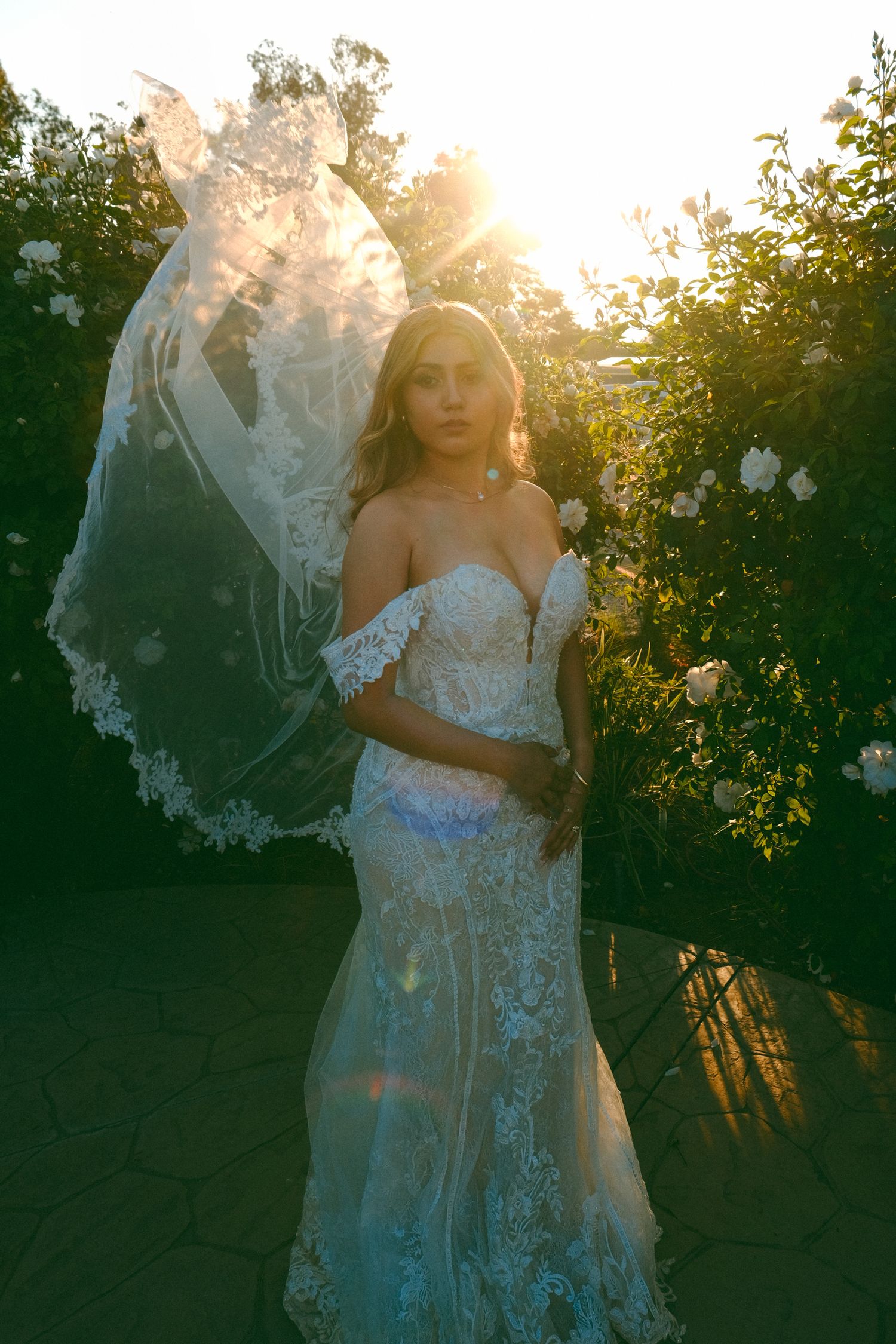 Dreamy backlit photo of bride in detailed lace dress during golden hour.