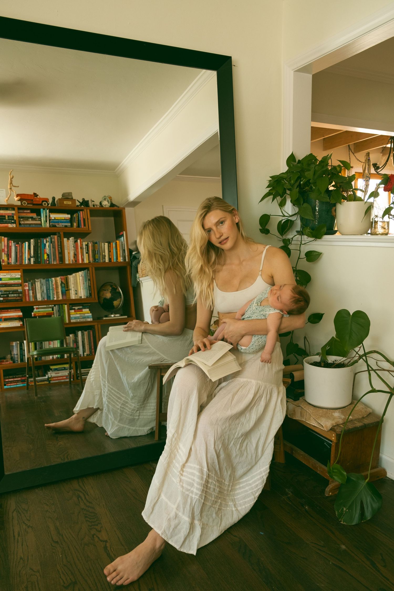 Artistic sequence showing tender interactions in a room with bookshelves and plants.