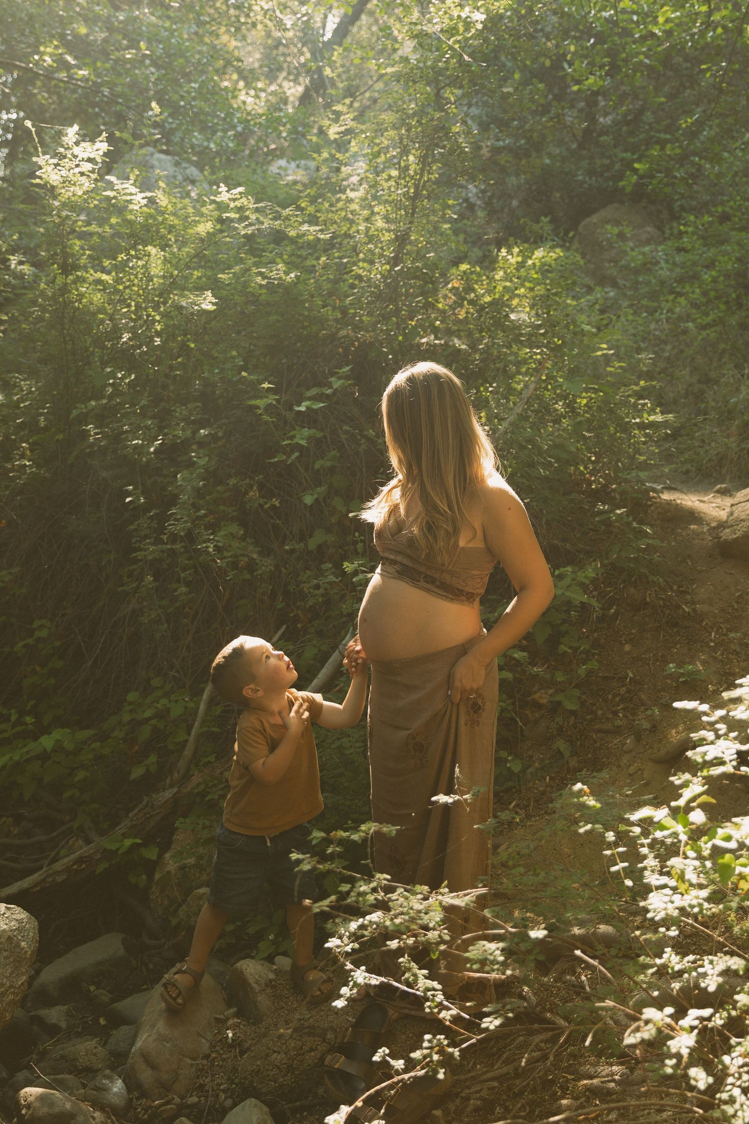 Sun-drenched forest maternity photoshoot with natural lighting and greenery.